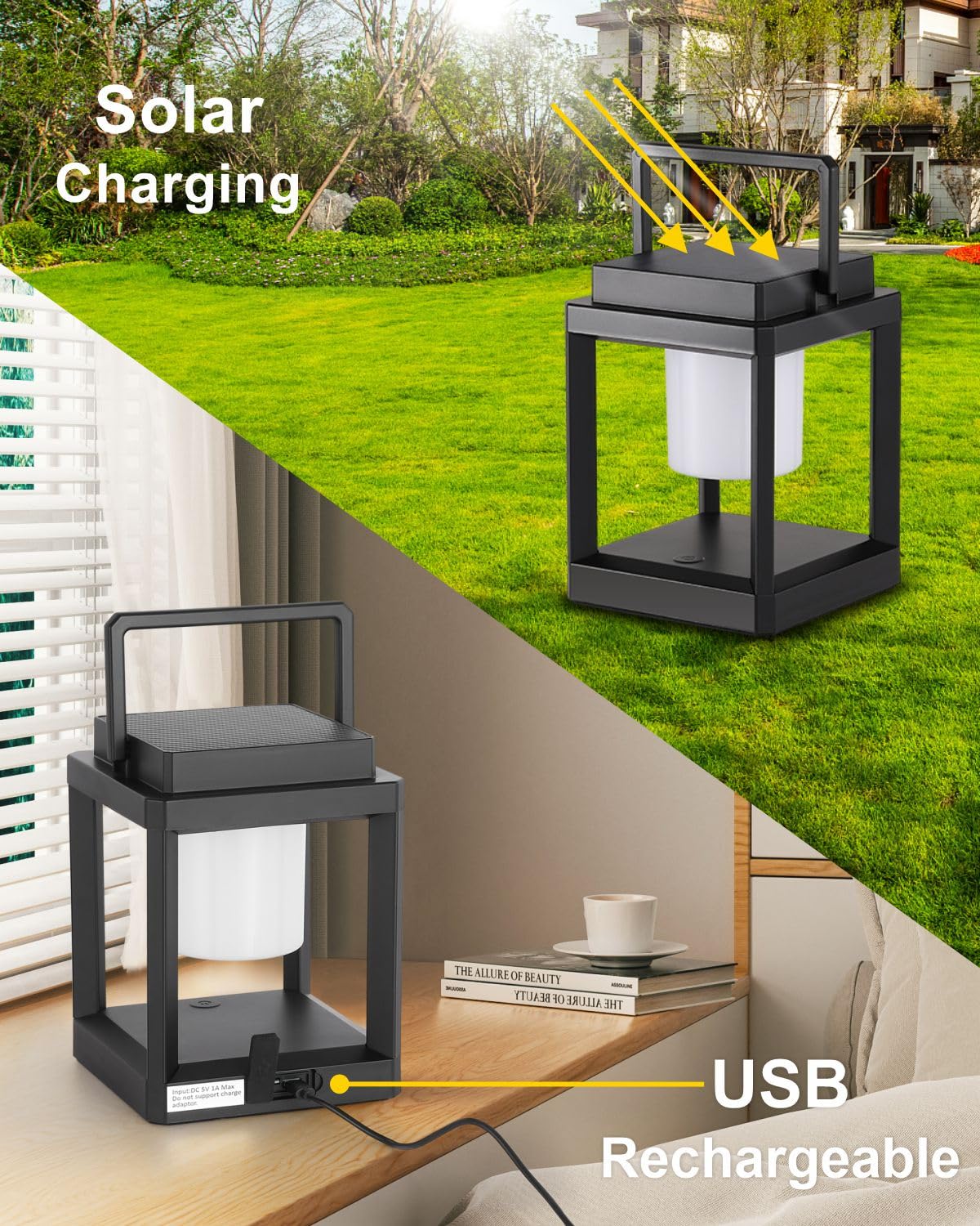 Solar Powered Outdoor Table Lamp - Waterproof LED Nightstand Light, Cordless Rechargeable Battery Operated Lantern for Patio, Garden, Camping & Reading | Perfect for Backyard Decor, Bedside Lighting and Outdoor Adventures