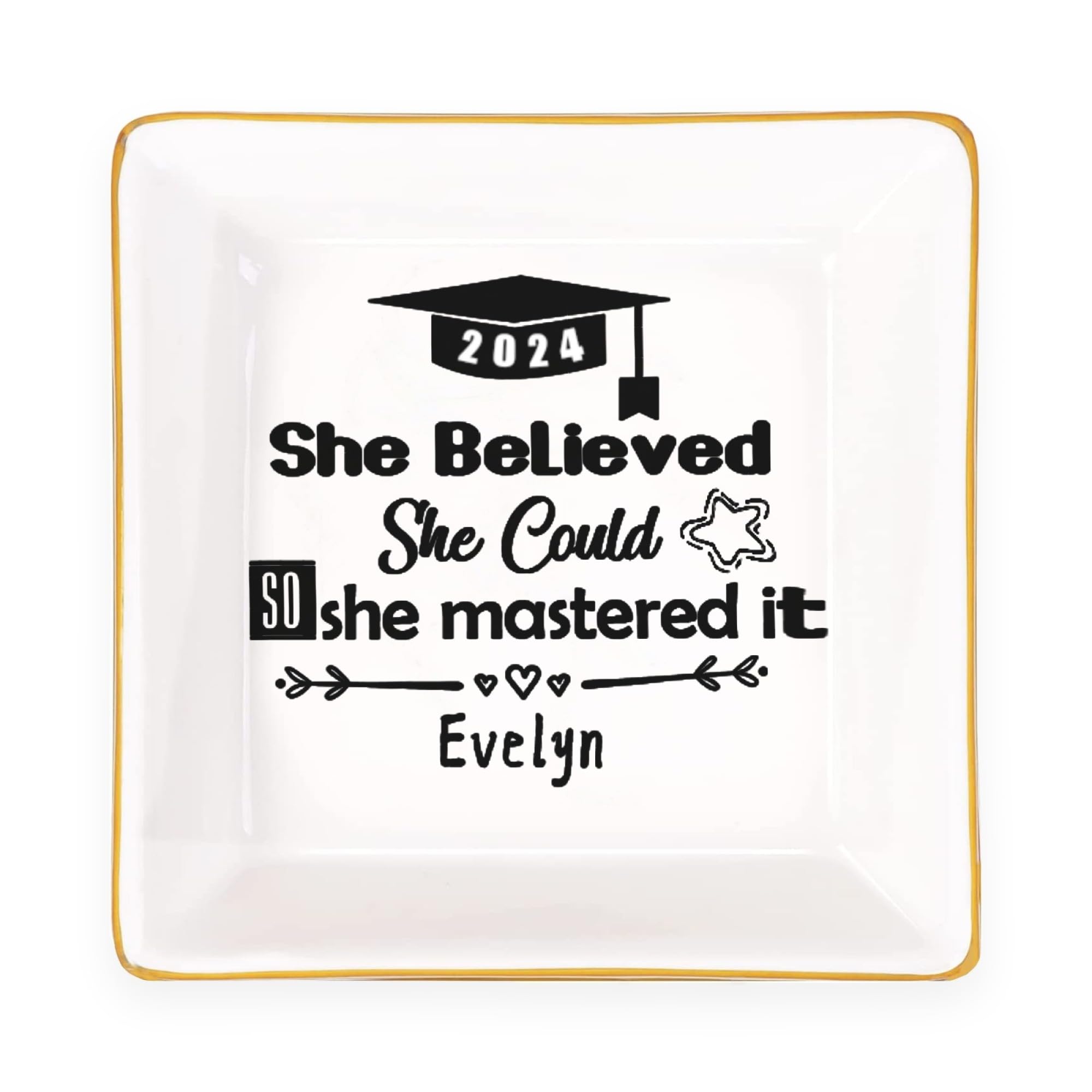 Personalized Graduation Gifts for Women - Class of 2024 Custom Ceramic Ring Dish with Inspirational Quote - High School & College Graduation Gift for Girls - Jewelry Tray & Decorative Trinket Plate - Perfect for Dorm Room, Bedside Table or Wedding Gift