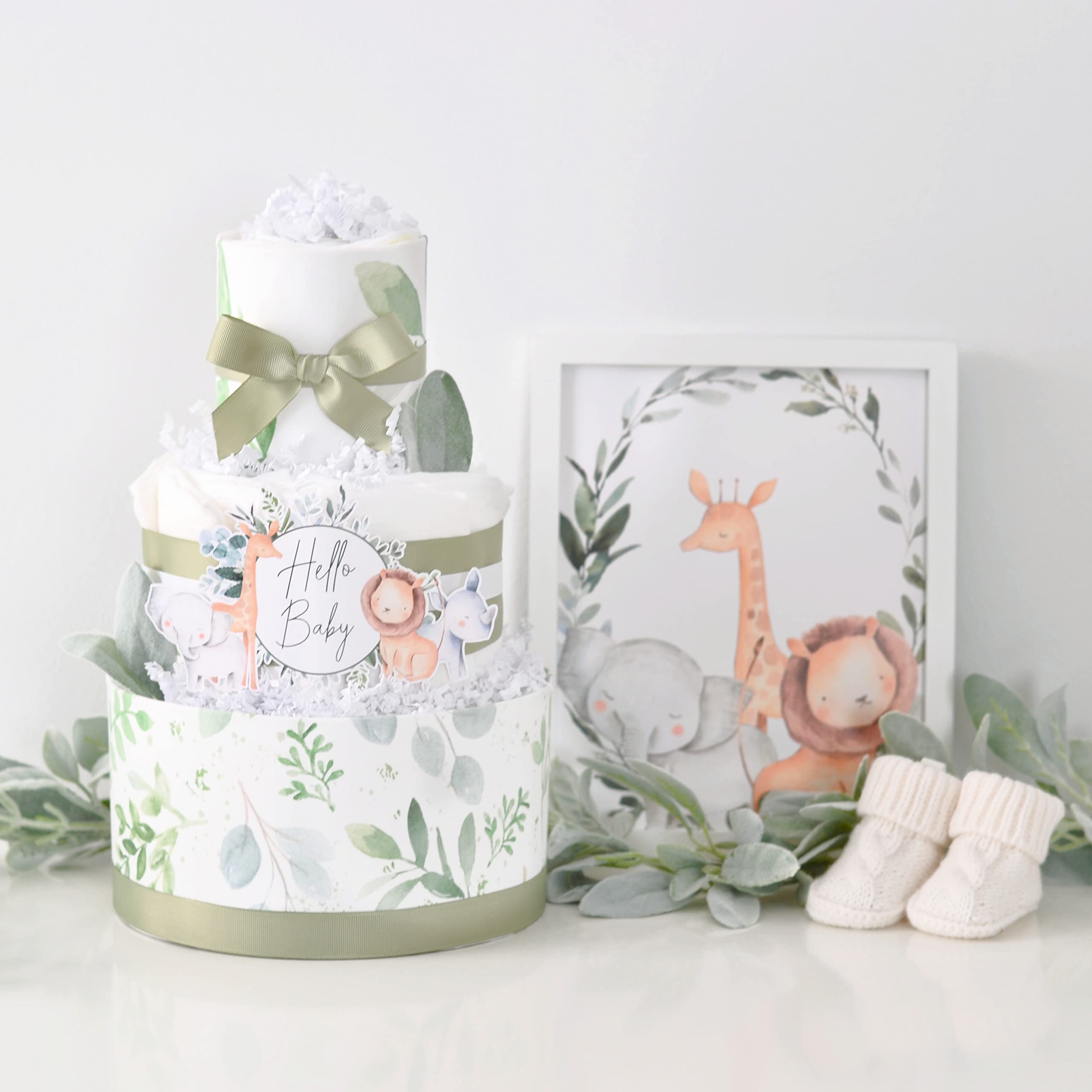 Gender Neutral Greenery Diaper Cake - Unique Baby Shower Gift & Nursery Decoration Centerpiece (Safari Theme) | Perfect for Newborn Celebrations & Gender Reveal Parties