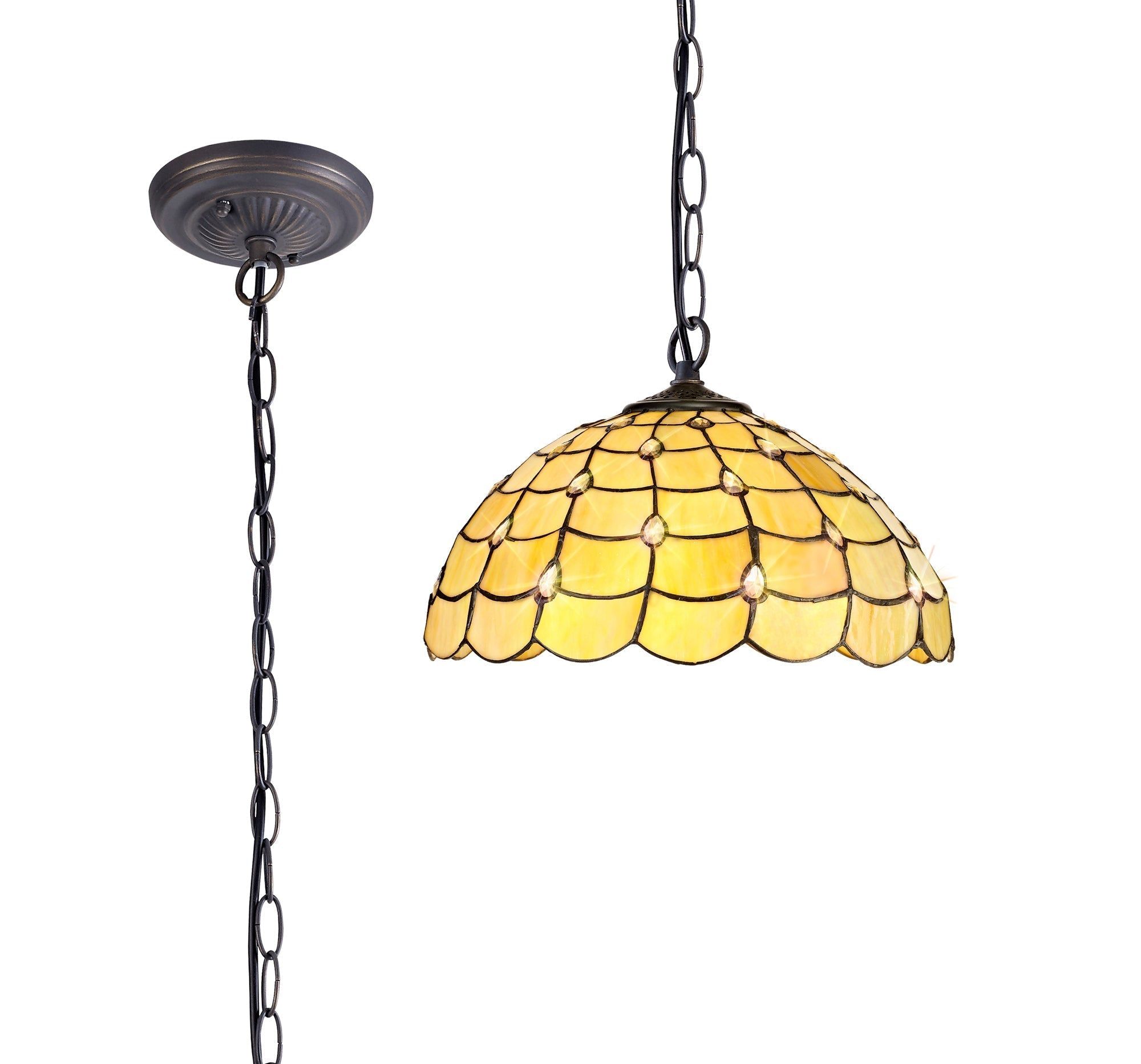 Aero 1 Light Downlighter Pendant with E27 Socket & 30/40/50cm Tiffany Shade - Beige, Clear Crystal, or Aged Antique Brass Finish | Perfect for Dining Room, Bedroom, or Living Room Lighting