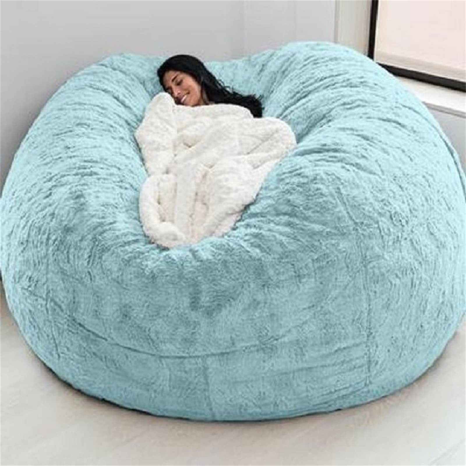 Premium 6FT Giant Faux Fur Bean Bag Chair Cover (No Filler Included) - Soft Fluffy Round Sofa Bed Cover for Living Room, Bedroom, Dorm - Sky Blue - Cozy Seating for Relaxation, Gaming & Movie Nights