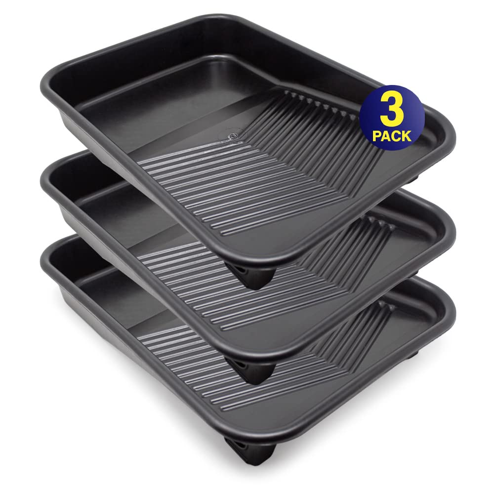 FoamPRO 309 9-Inch Molded Plastic Paint Tray - 3 Pack, Black - Solvent-Proof Roller Trays with Ladder Hook Legs - Durable Interior & Exterior Painting Supplies for Paint Rollers & Brushes - Perfect for DIY Home Projects, Wall Painting, and Professional Use