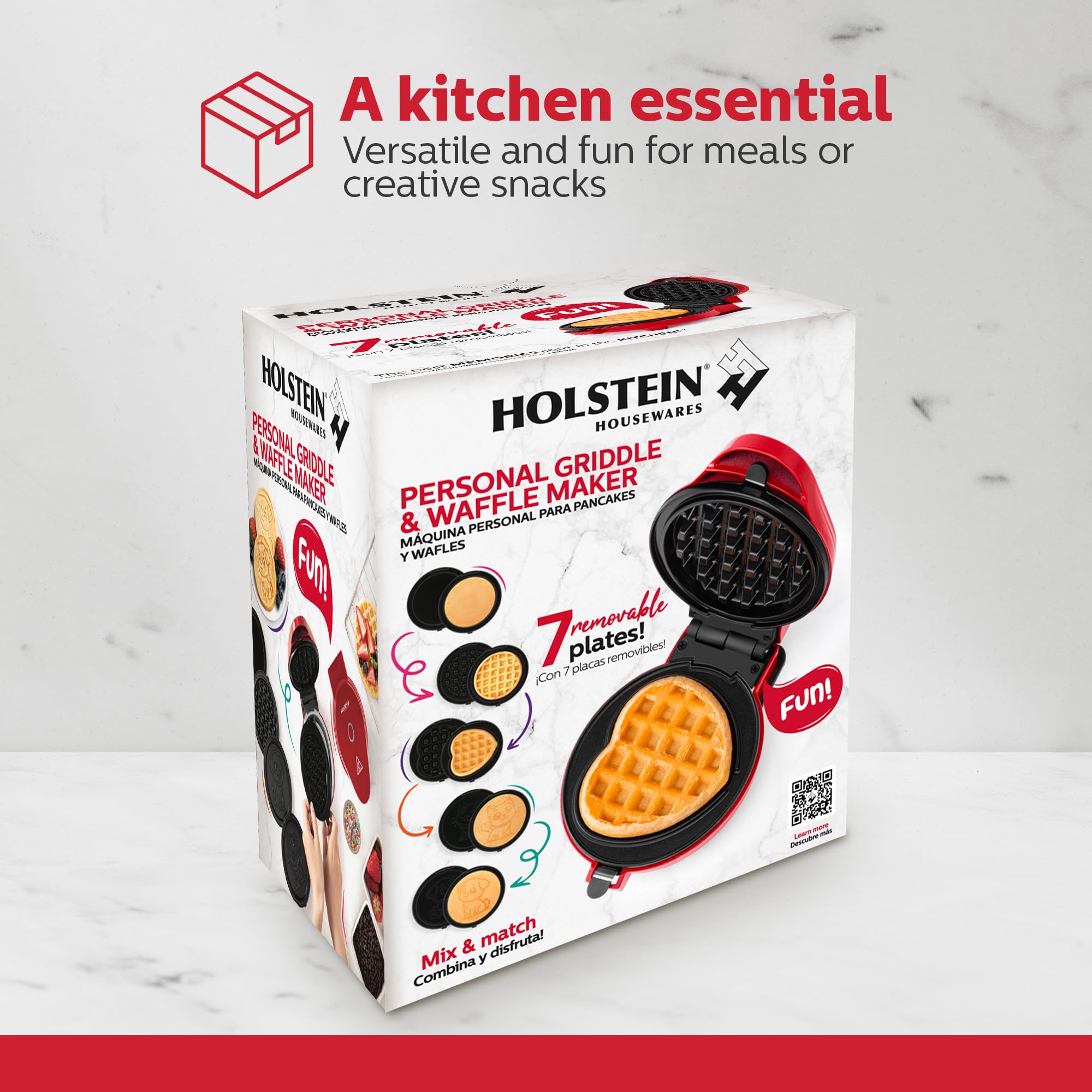 Holstein Housewares Mini 4-Inch Waffle Maker & Personal Griddle with 7 Interchangeable Plates - Make Fun-Shaped Waffles, Pancakes, Eggs (Dog, Cat, Heart Designs) - Perfect for Kids Breakfast, Party Treats & Family Cooking