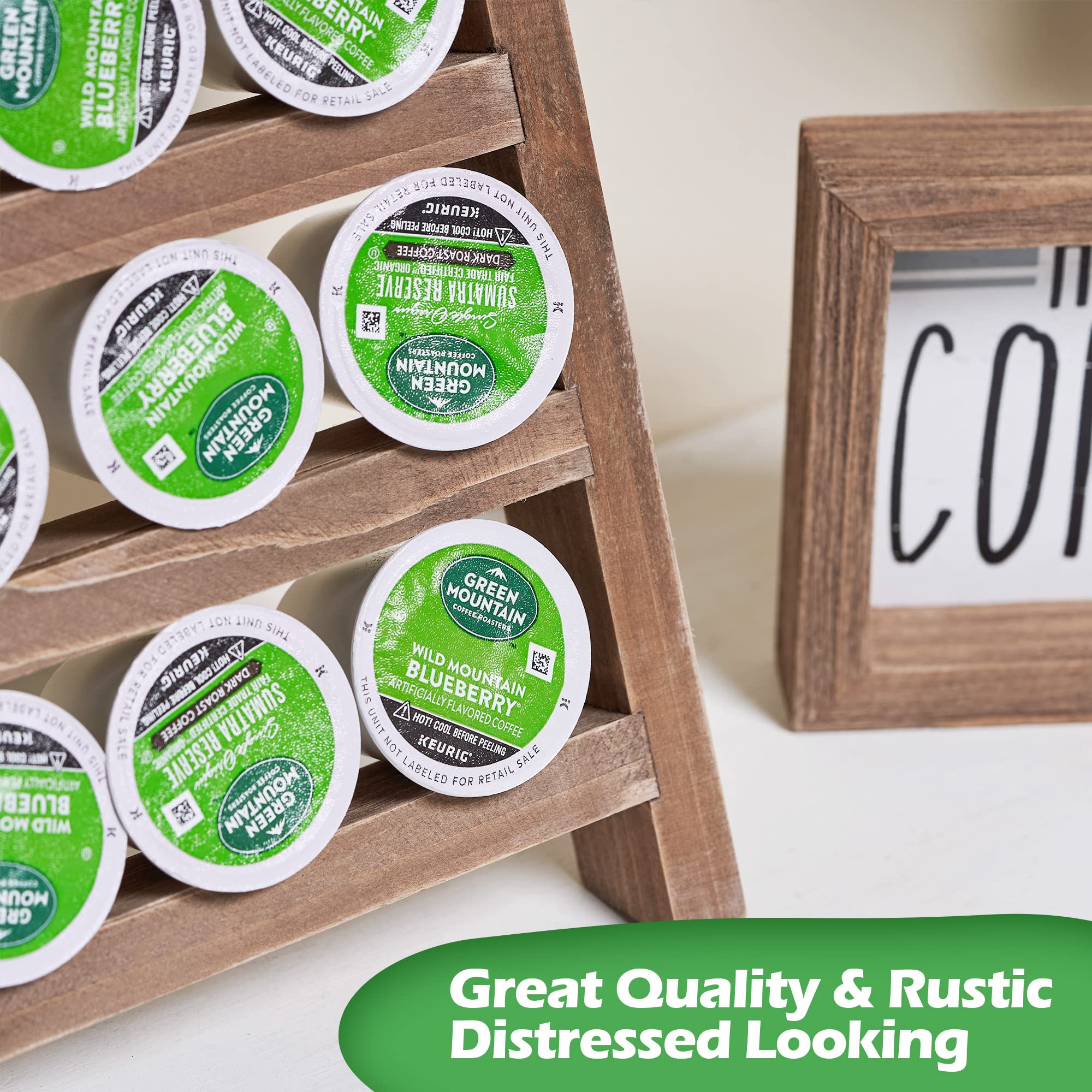 GENMOUS Wooden K-Cups Holder for Countertop - Farmhouse Style Coffee Pod Organizer with Rustic Decor Sign - Kitchen Storage & Coffee Station Accessories in Brown - Perfect for Home, Office, and Coffee Bar Decor