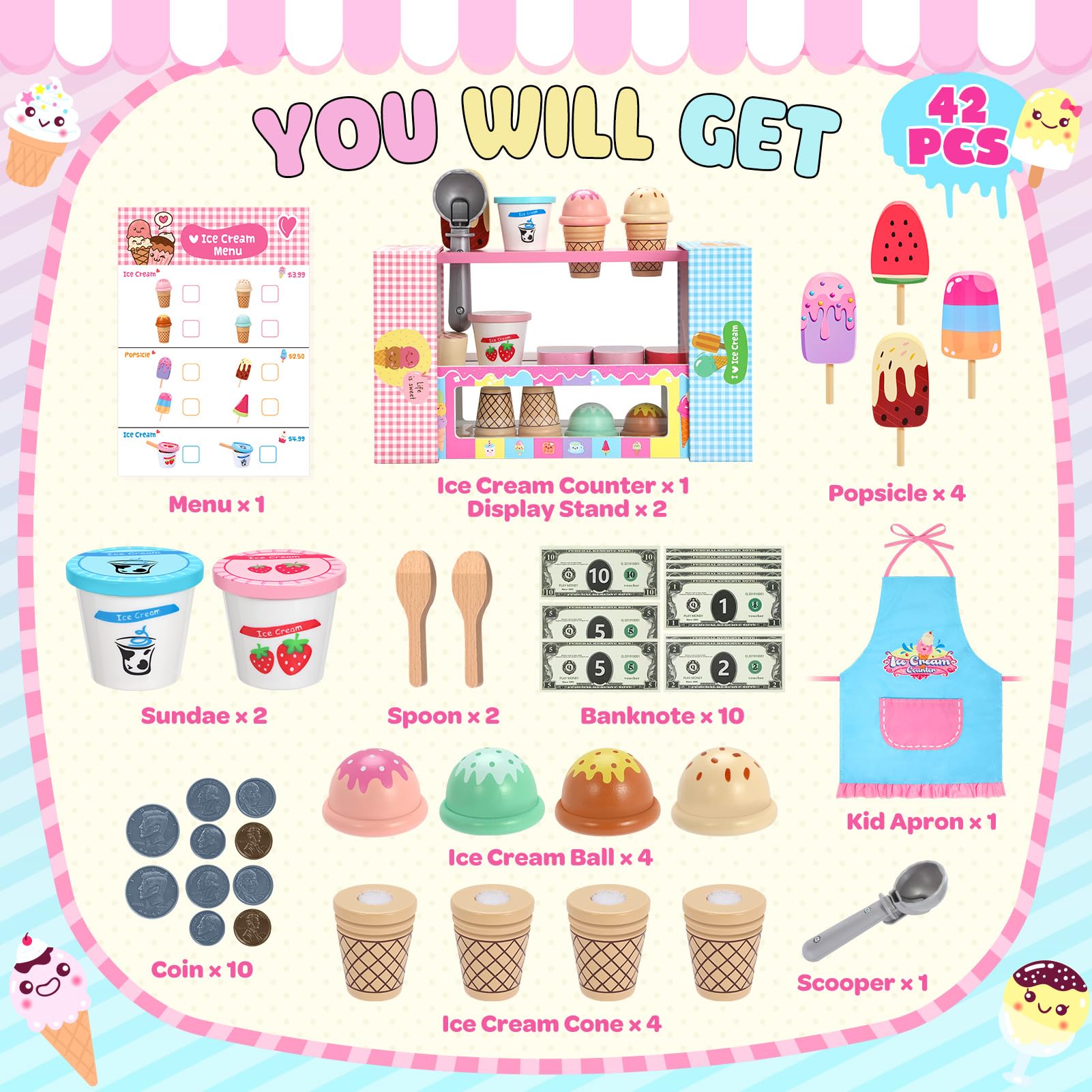 INNOCHEER Wooden Ice Cream Play Set - Pretend Play Kitchen Toys for Toddlers, Ice Cream Shop Playset with Scoop & Toppings - Educational Toys for 3 4 5 6 7 8 Year Old Boys Girls - Perfect for Birthday Gifts & Role Play Learning