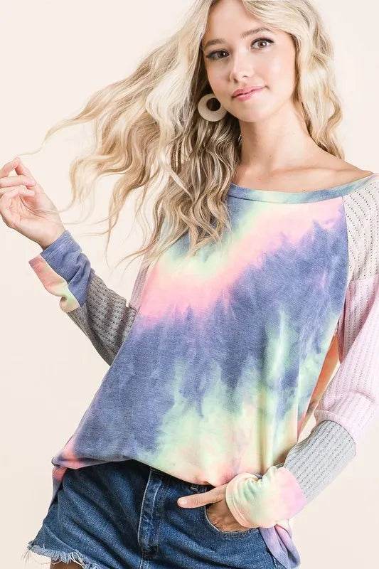BiBi Tie Dye Terry Top with Color Block Pointelle Knit | Women's Casual Short Sleeve Shirt | Perfect for Summer Outings, Beach Vacations & Music Festivals