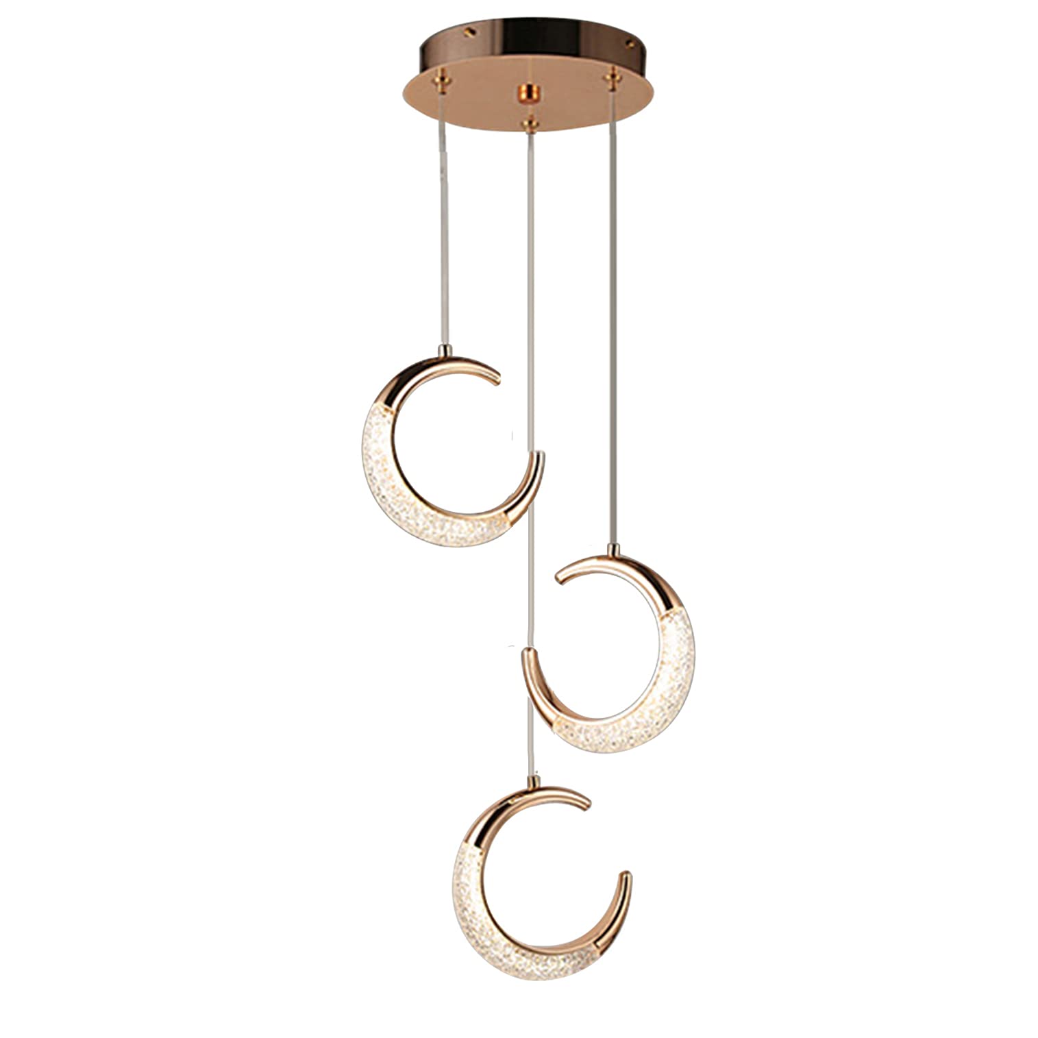 Modern LED Pendant Light Fixture with Crystal Acrylic Diffuser - Rose Gold Ceiling Hanging Lamp for Bedroom, Kitchen & Dining Room - 3-Light Crescent Chandelier - Perfect for Modern Home Decor, Apartment Lighting and Restaurant Ambiance