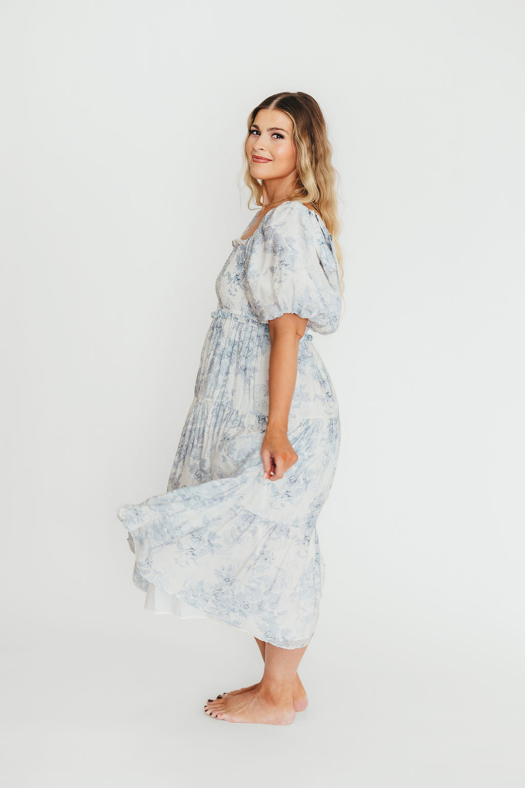 Elena Floral Print Smocked Midi Dress in Blue - Bump Friendly Maternity Dress & Inclusive Sizing for Women - Perfect for Baby Showers, Bridal Events & Summer Weddings