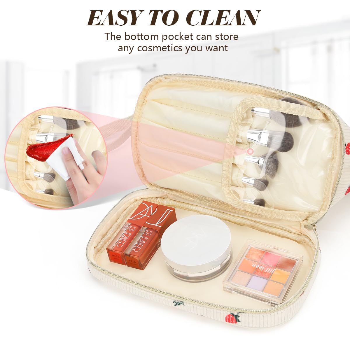 Stylish Large Corduroy Makeup Bag for Women & Girls - Travel Cosmetic Organizer with Strawberry Design, Perfect for Toiletries & Travel Essentials | Ideal for Vacation, Gym, and Daily Use
