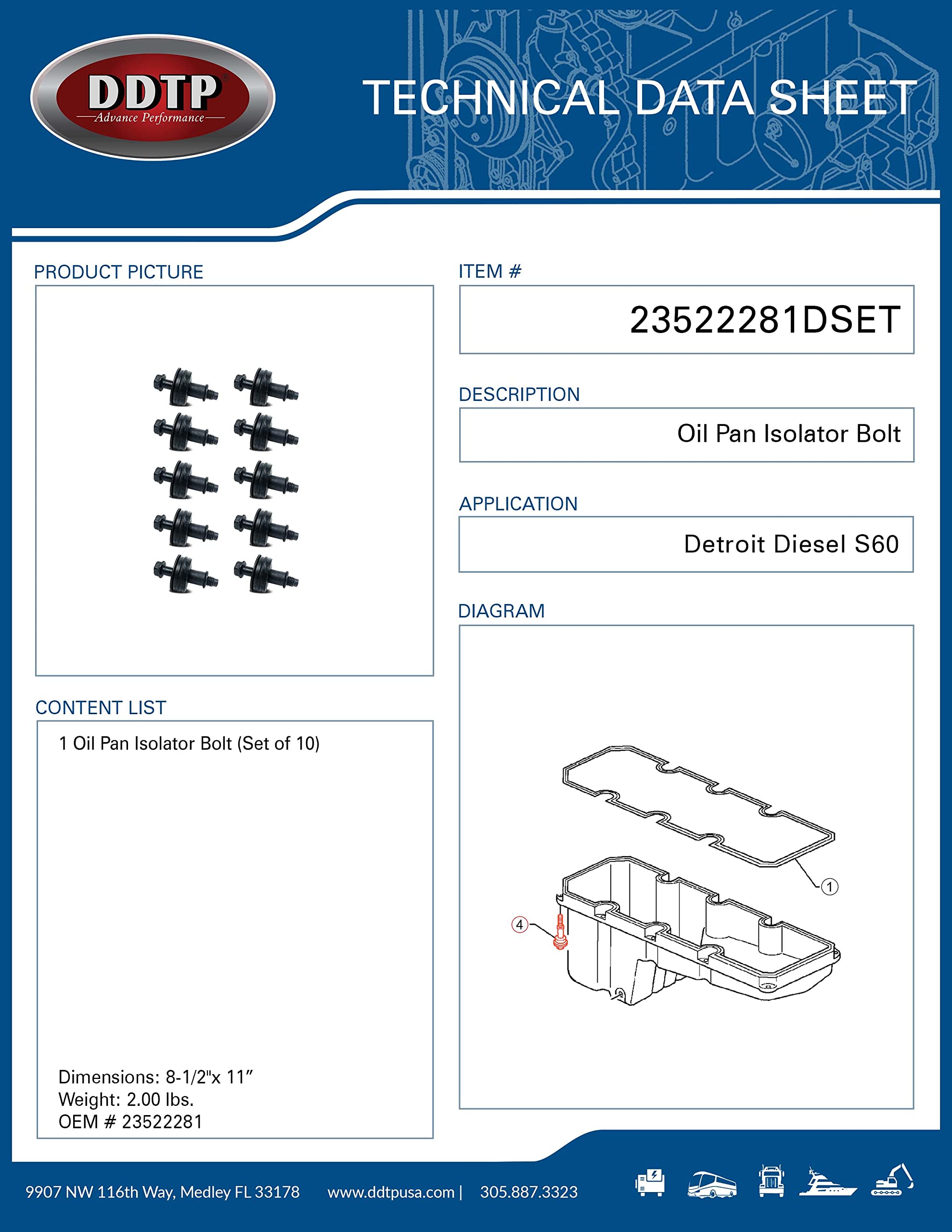 Detroit Diesel S60 14L Engine Oil Pan Isolator Bolt ASM (10 Pack) - Compatible with Part #23522281 - Perfect for Heavy-Duty Truck Repairs & Maintenance