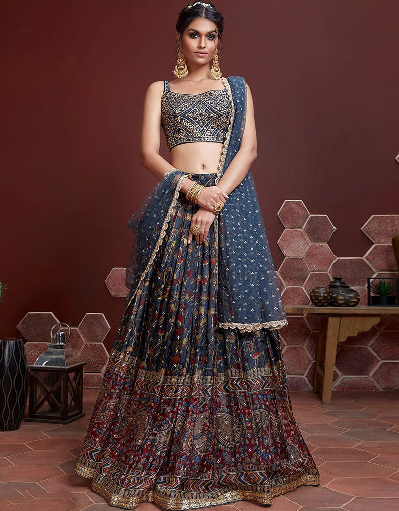 Blue Chinon Silk Lehenga Choli - Traditional Indian Bridal Dress for Weddings & Festivals | Elegant Designer Outfit for Women