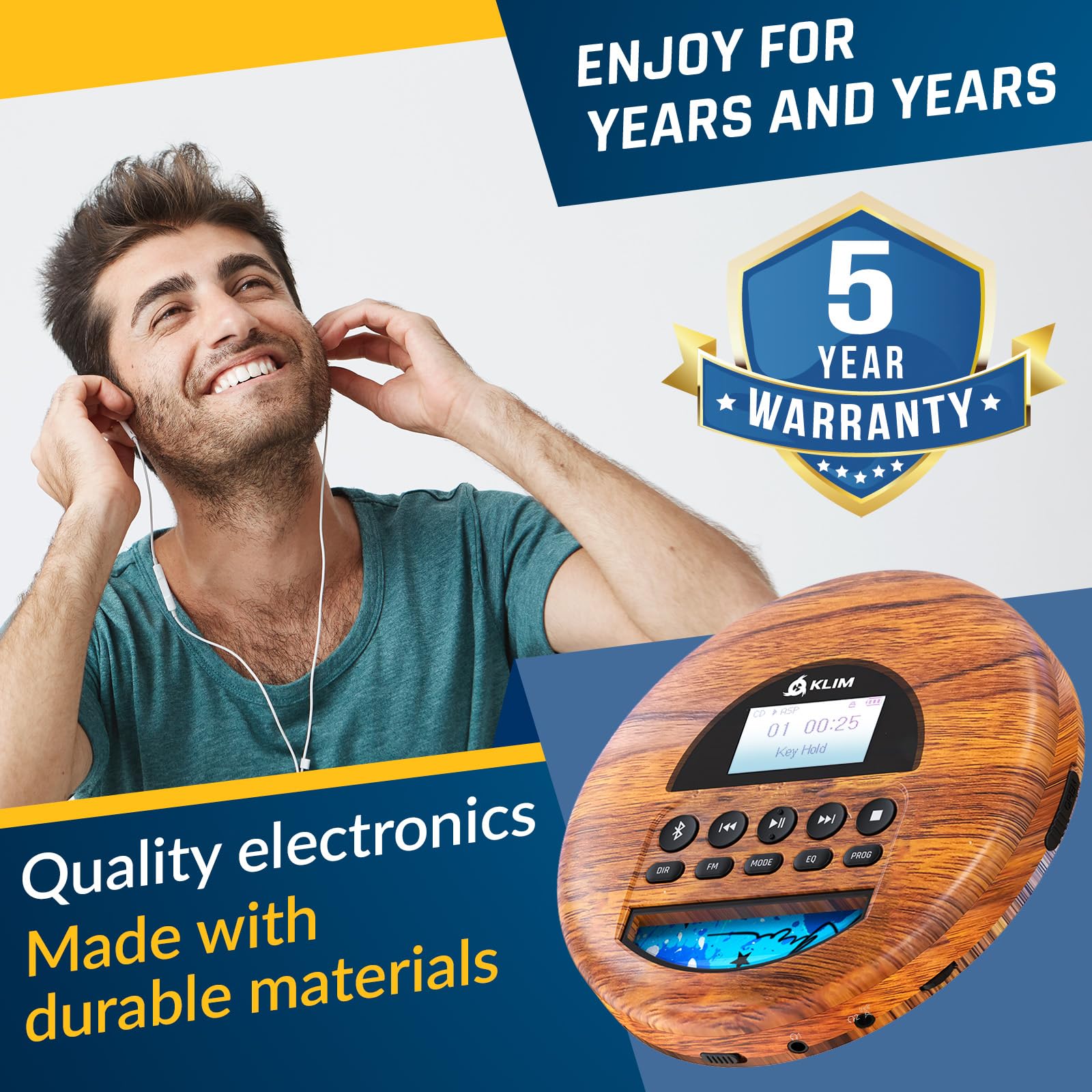 KLIM Nomad Wood Portable CD Player Walkman with FM Radio & Bluetooth - Long-Lasting Battery, Includes Headphones, MP3 & TF Card Compatible - Perfect for Car Rides, Travel & Outdoor Activities (2024 New Model)