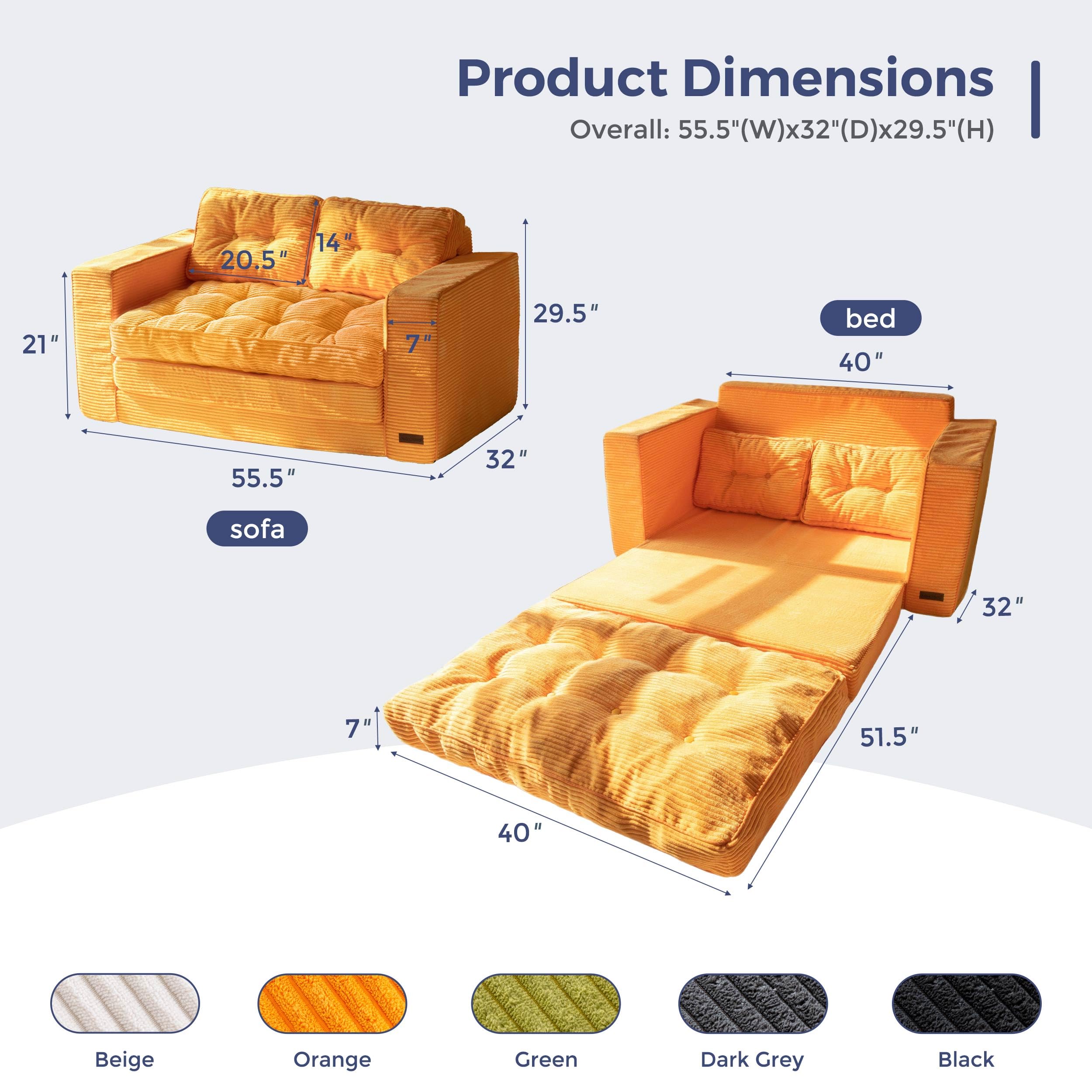 MAXYOYO Convertible Sofa Bed - Pull Out Loveseat Sleeper Sofa with Storage, Orange | Space Saving Multi-Functional Furniture for Small Apartments, Guest Rooms & Home Offices