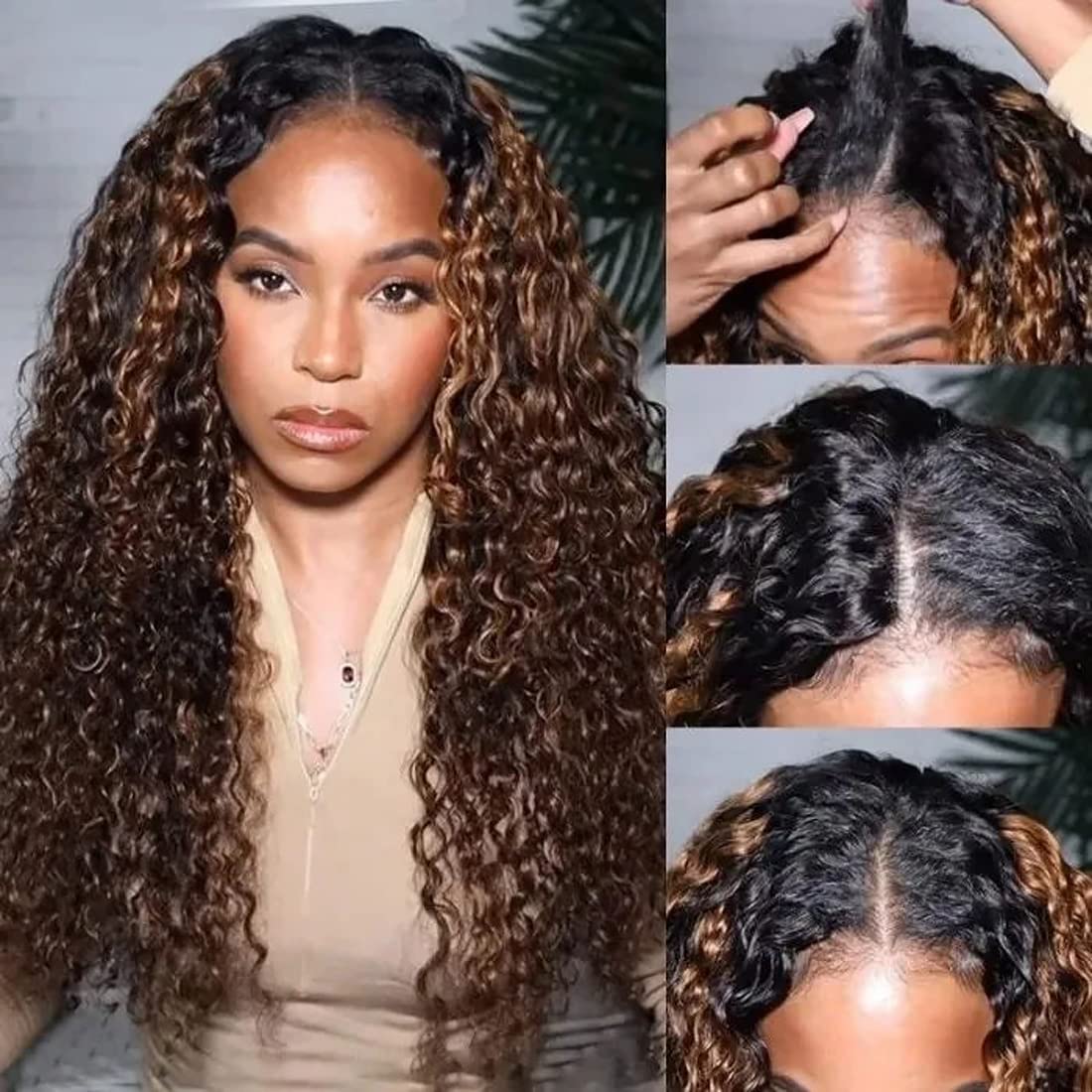 UNICE 20 Inch Human Hair V Part Wig - Curly No Leave Out Balayage Brown Highlight Glueless Clip-In Wig for Beginners (No Sew In, No Glue) | Perfect for Daily Wear, Parties & Special Occasions