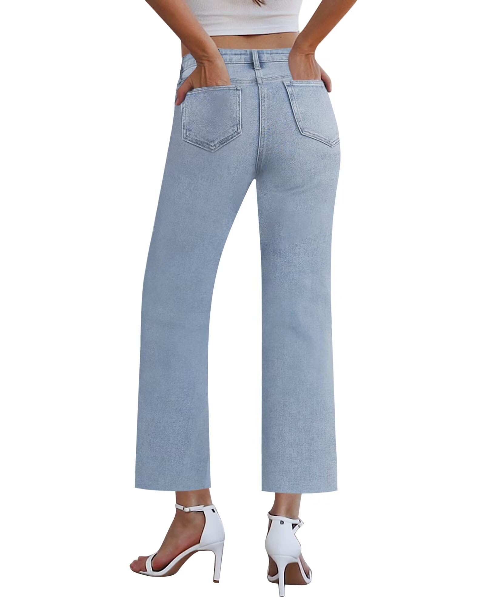 Women's Wide Leg Jeans - High Waisted Stretchy Straight Leg Crop Capri Pants with Raw Hem | Comfortable & Trendy Casual Wear for Everyday Outfits