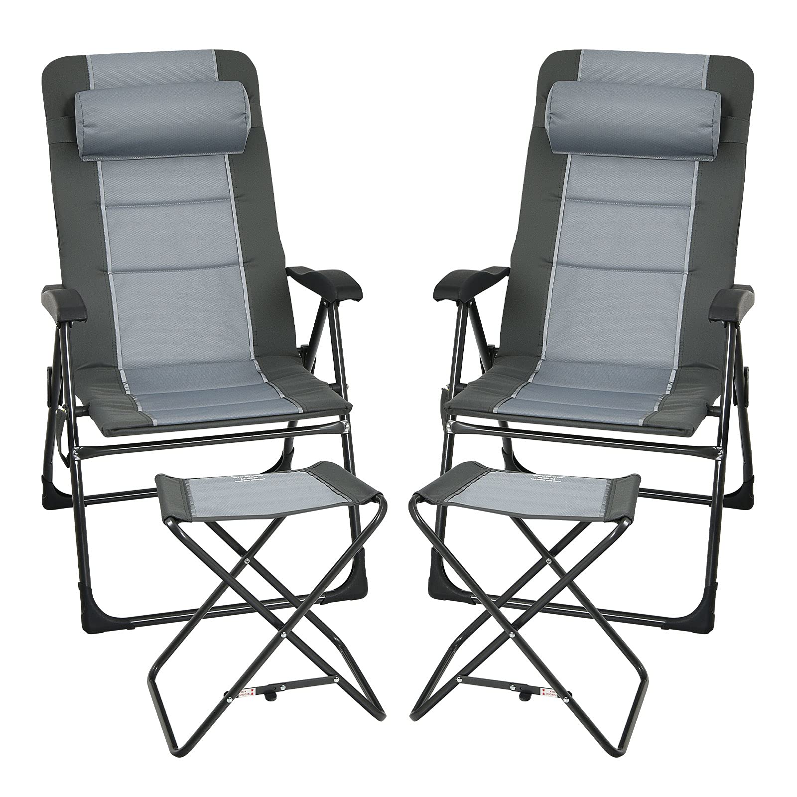 Giantex 2-Pack Patio Dining Chairs with Footstools - Foldable Recliner Chairs with 7-Position Adjustable Backrest & Headrest, Includes Mesh Storage Bag - Portable Outdoor Lounge Chairs for Pool, Backyard, Beach, Camping (Grey)