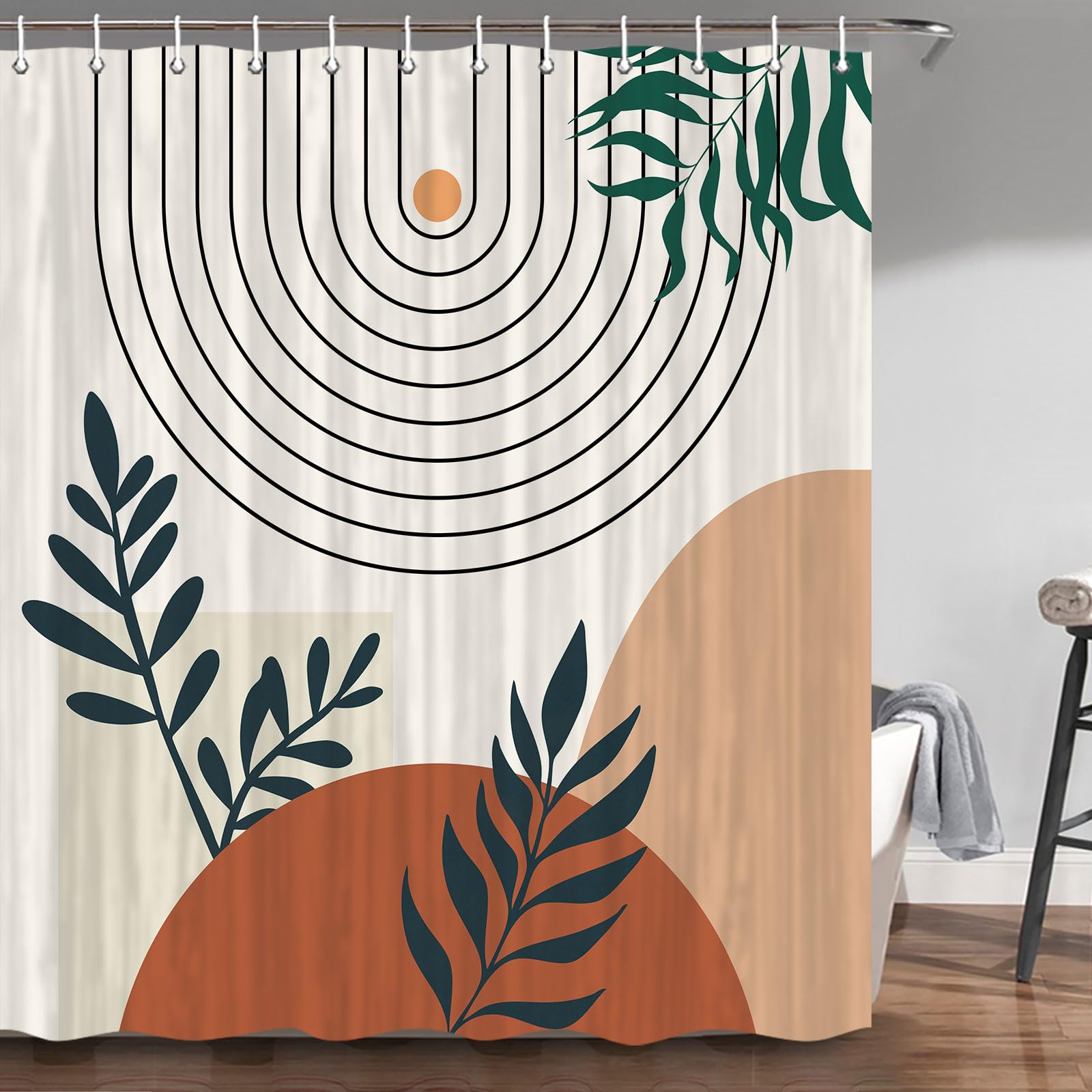 Vintage Mid Century Abstract Boho Shower Curtain - Orange Aesthetic Modern Minimalist Bathroom Decor with Hooks 72x72 Inches - Perfect for Boho Chic, Retro & Scandinavian Style Bathrooms