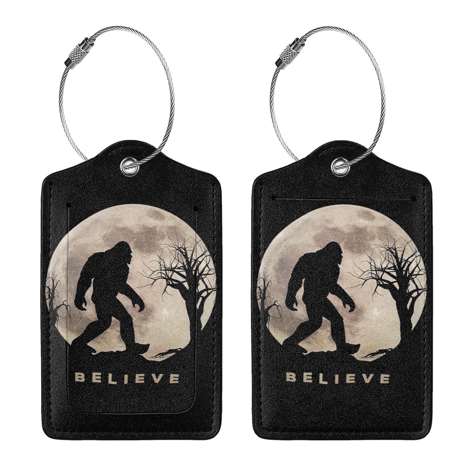 Funny Bigfoot Sasquatch Full Moon Luggage Tag - Stainless Steel Loop & PU Leather Name ID Card Holder - Durable Suitcase Labels for Women, Men & Kids - Perfect for Travel, Backpacks & Carry-On Bags (1pc)