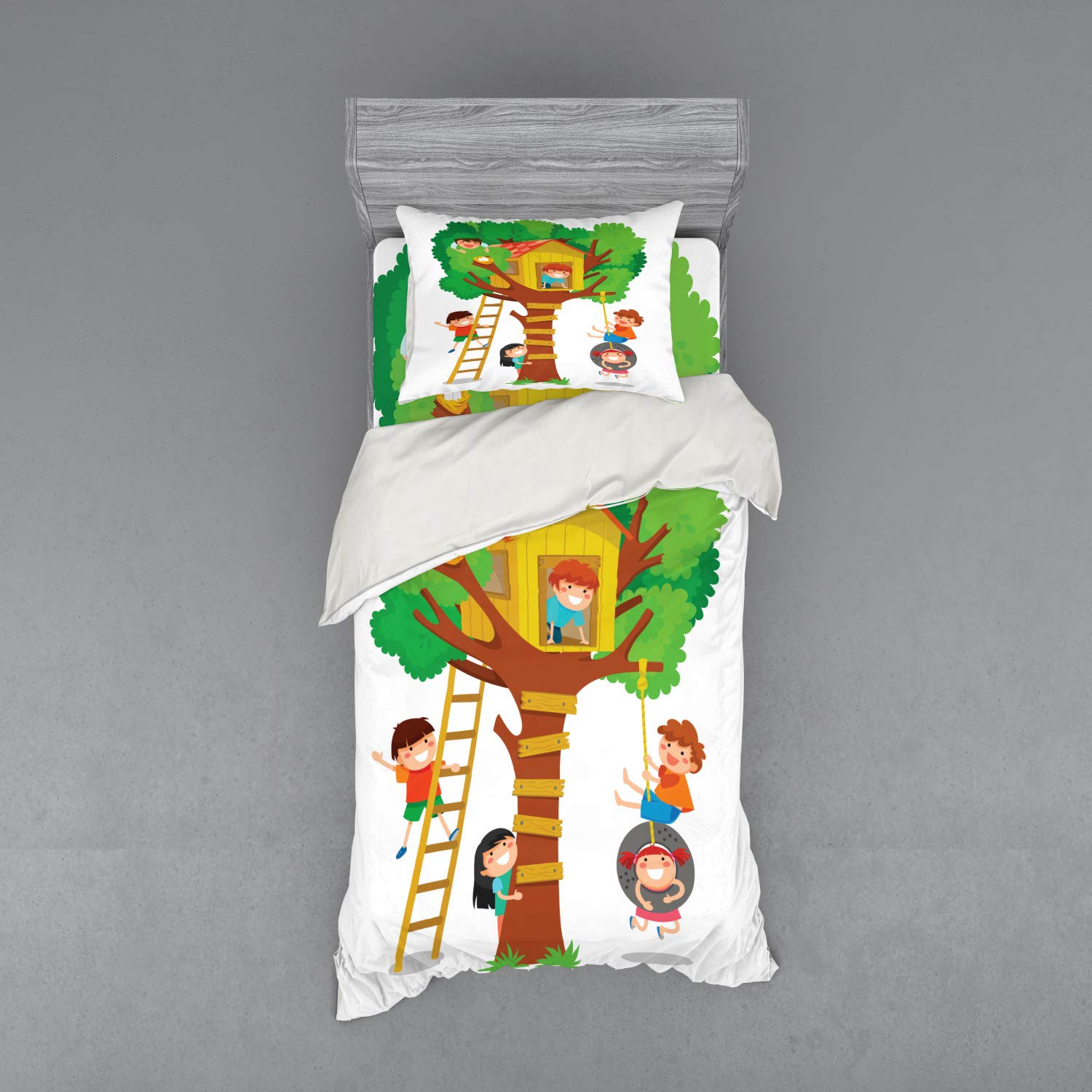 Ambesonne Cartoon Duvet Cover Set - Happy Tree House Friends Design, 3-Piece Twin Size Bedding Set with Sham & Fitted Sheet, Vibrant Multicolor | Perfect for Kids' Bedrooms, Dorm Rooms & Playful Home Decor