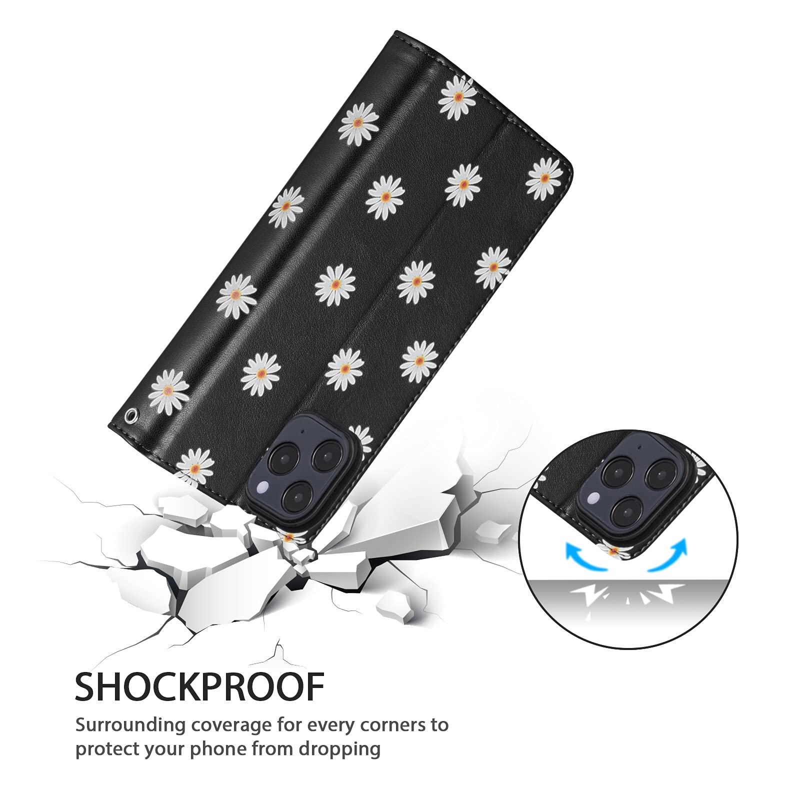 UEEBAI Premium PU Leather Wallet Case for iPhone 13 Pro Max - Magnetic Closure, Zipper Pocket, Kickstand & Card Slots with Hand Strap | Stylish Daisy Black Flip Case for Women | Perfect for Daily Use, Travel & Shopping