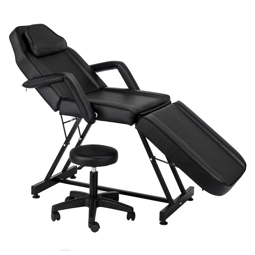 72 Inch Professional Multi-Purpose Spa Facial Bed - Tattoo & Massage Bed for Salon, Beauty & Spa Treatments with Adjustable Stool (Black) | Ships from USA | Perfect for Tattoo Artists, Estheticians & Massage Therapists