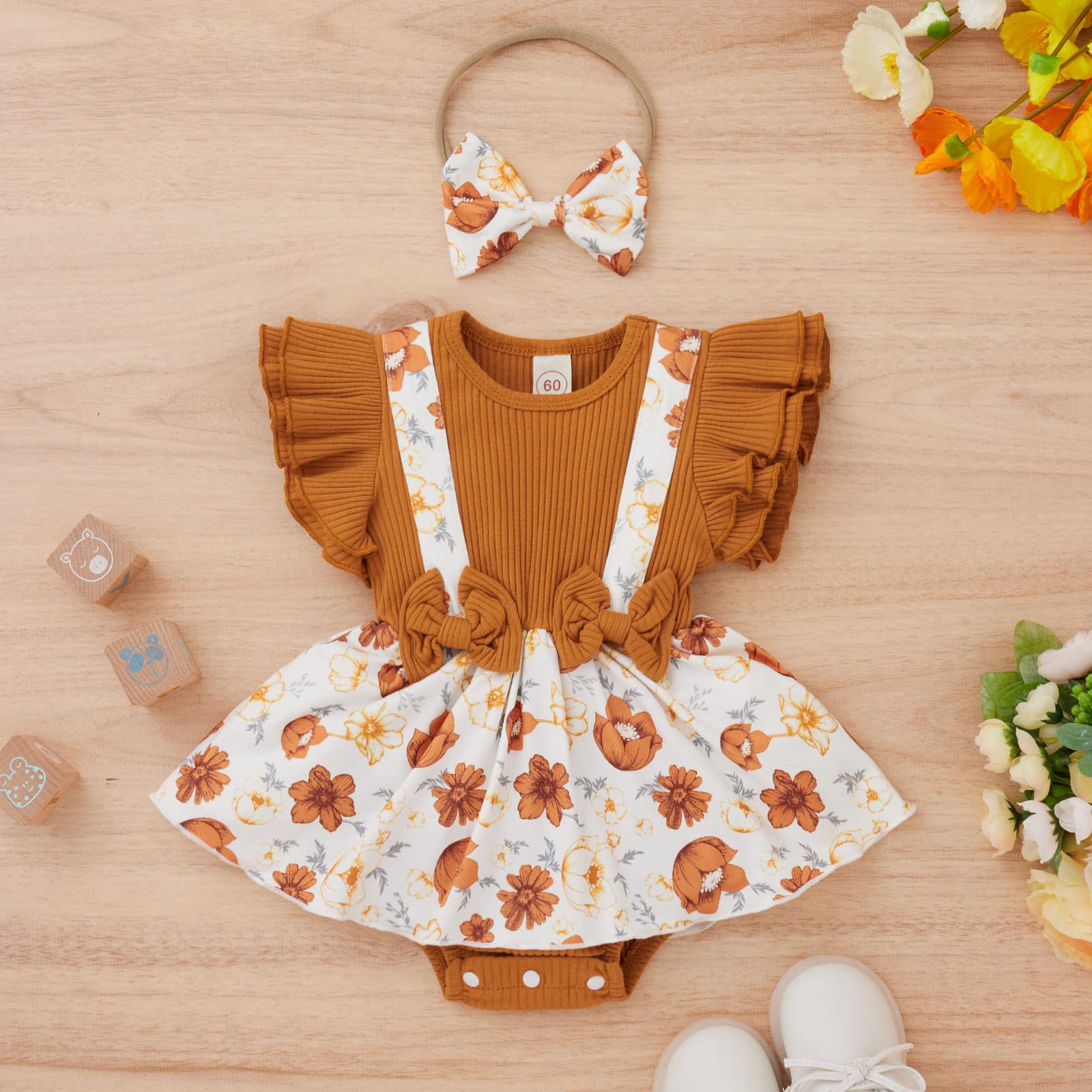 Adorable Leopard Floral Print Baby Girl Romper with Ruffles & Bowknot - Soft Ribbed Bodysuit & Headband Set for Newborns & Infants | Perfect for Photoshoots, Birthday Parties & Special Occasions