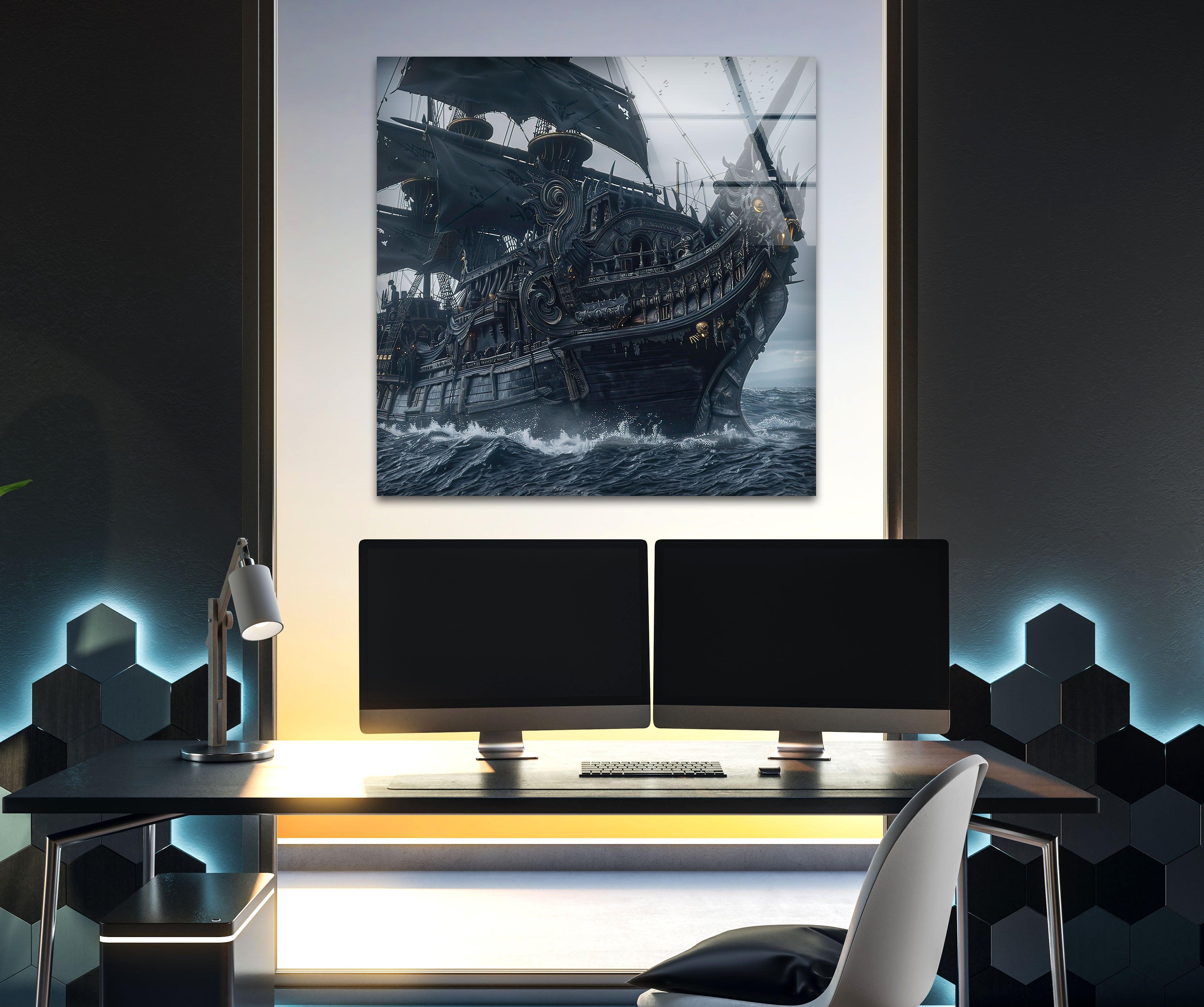 Large Pirate Ship Glass Wall Art Decor - Nautical Theme Stained Glass Window Hanging for Living Room, Bedroom, or Office