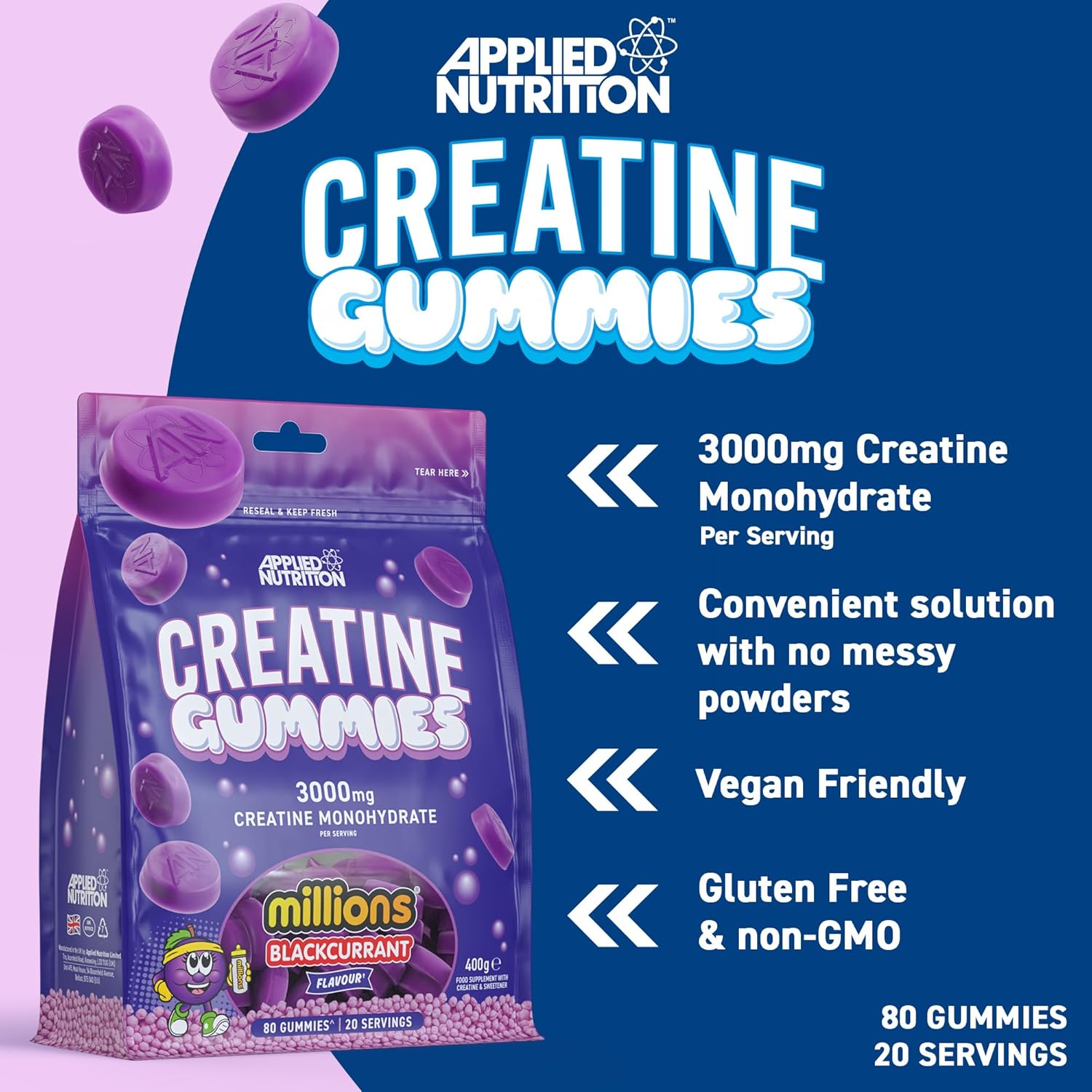 Applied Nutrition 80 Creatine Gummies for Muscle Growth & Recovery - Delicious Chewable Supplement for Athletes & Fitness Enthusiasts | Pre-Workout & Post-Workout Support