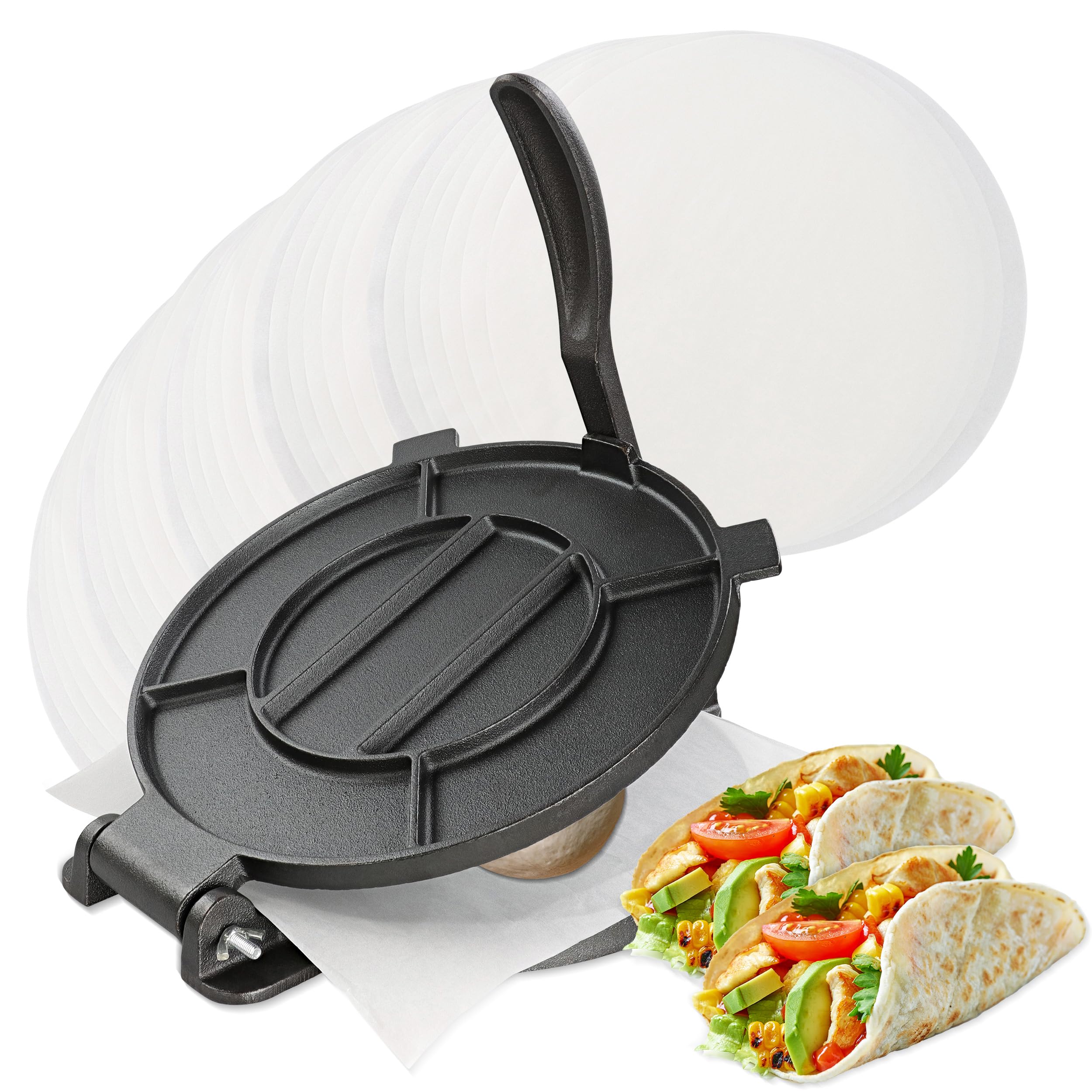 7Penn 10-Inch Cast Iron Tortilla Press - Heavy Duty Roti Maker for Corn & Flour Tortillas with 100 Cooking Sheets - Perfect for Mexican, Indian & Homemade Flatbreads
