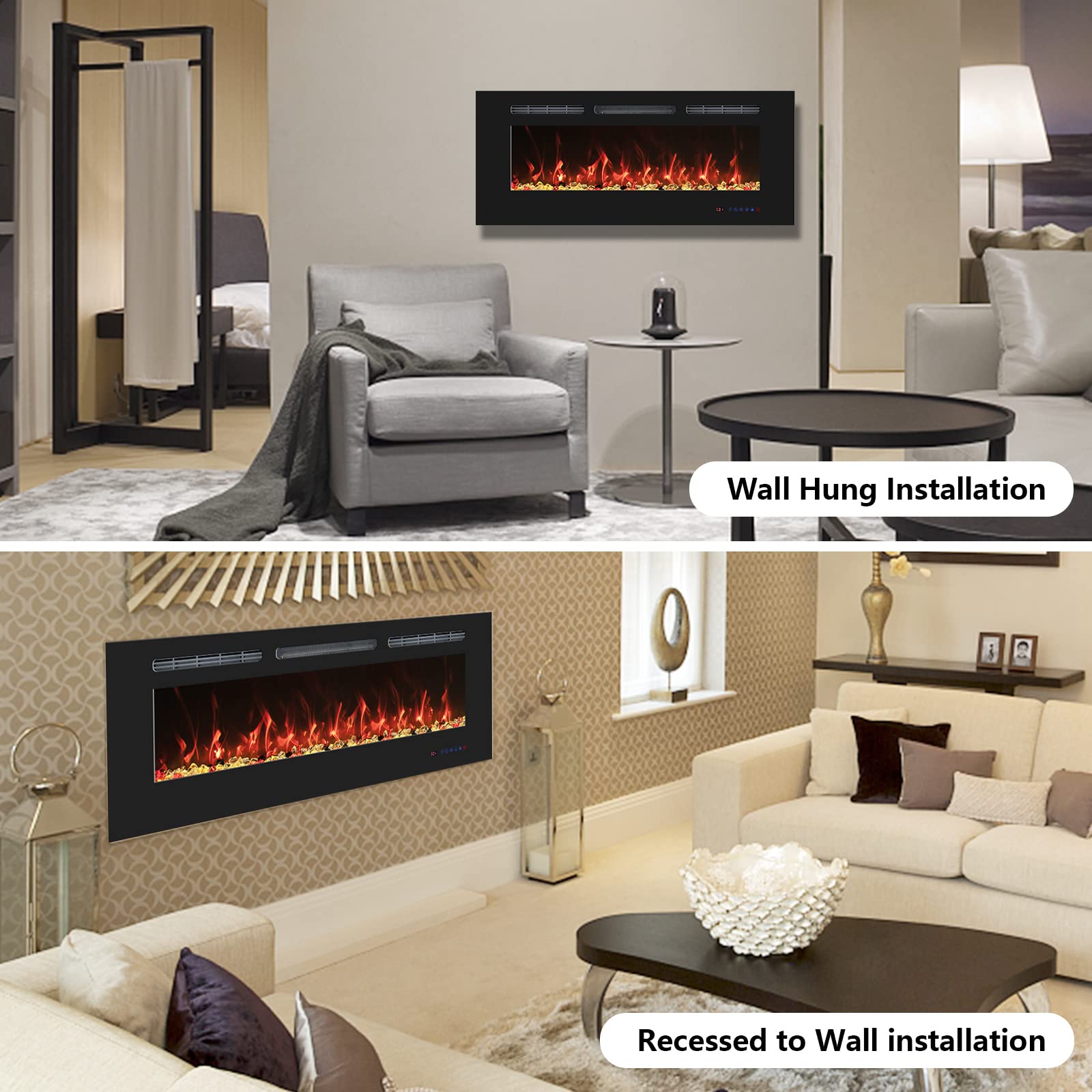 50 Inch Recessed Electric Fireplace Insert - Wall Mounted Fireplace Heater with Remote Control, Timer & 13 Adjustable Flame Settings (750W/1500W) - Perfect for Living Rooms, Bedrooms & Home Decor