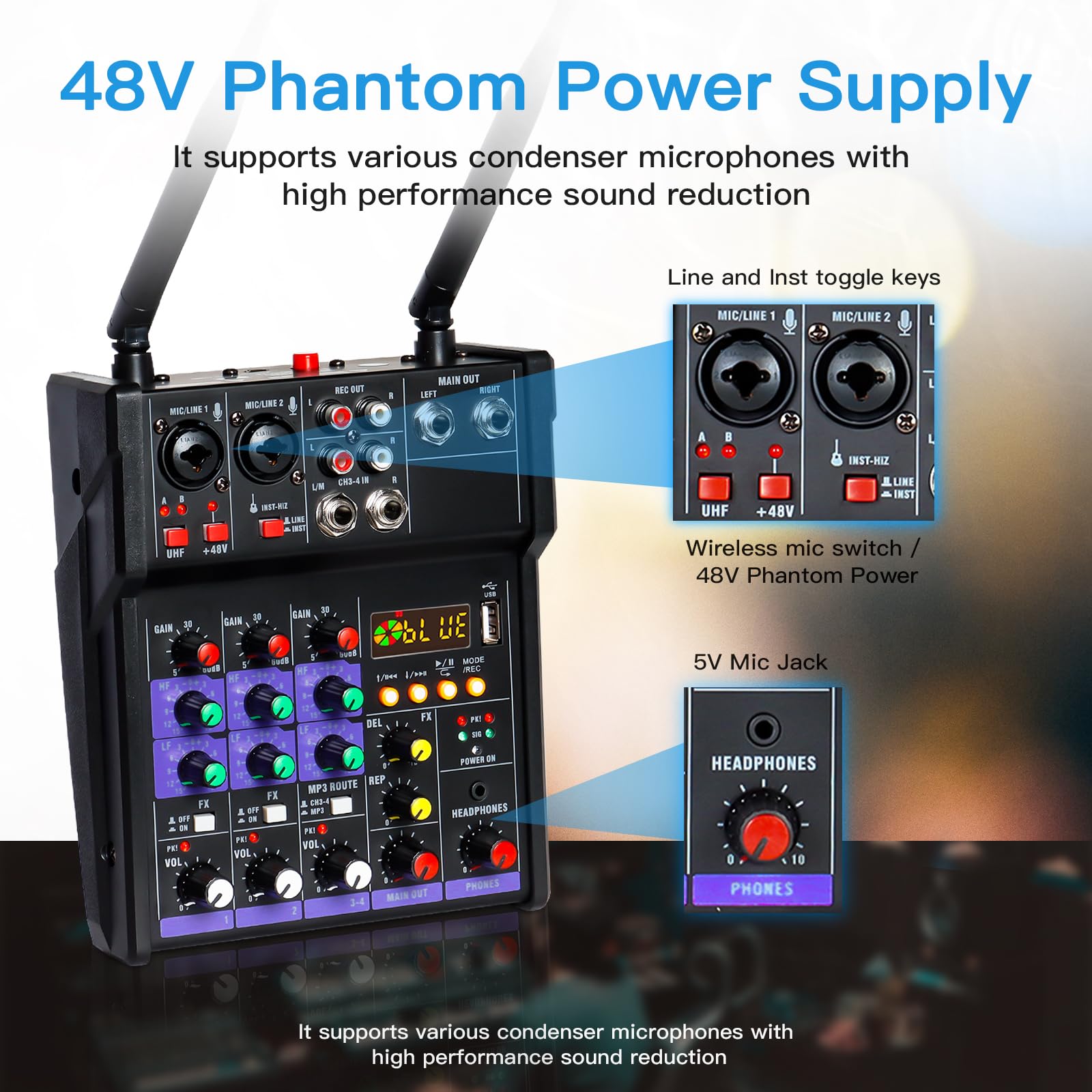 4 Channel DJ Audio Mixer with Bluetooth, USB & 48V Phantom Power - Dual Wireless Microphone Sound Board for Home Karaoke, Studio Recording & Live Performances | Perfect for DJs, Musicians & Podcasters