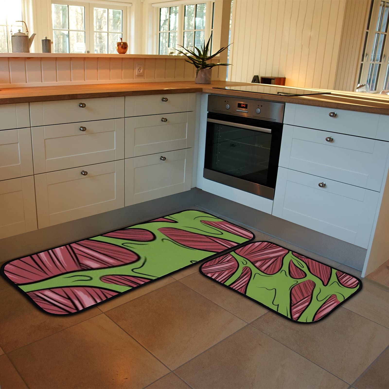 Non-Slip Zombie Skin Pattern Kitchen Rugs Set - 2PCS Soft Absorbent Coral Velvet Floor Mats (1.5'x2.4' + 1.5'x4.8') - Washable Kitchen & Entryway Rugs for Home Decor, Anti-Fatigue Standing Mats for Cooking & Dishwashing Areas