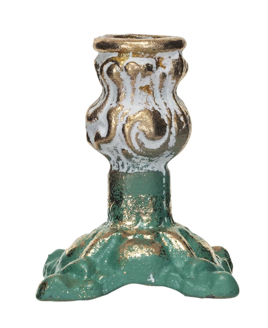 Vintage Cast Iron Taper Candle Holder Set - Distressed Green, Gold & Cream Finish - 2 Sizes for Table Decor, Wedding Centerpieces & Rustic Home Decor