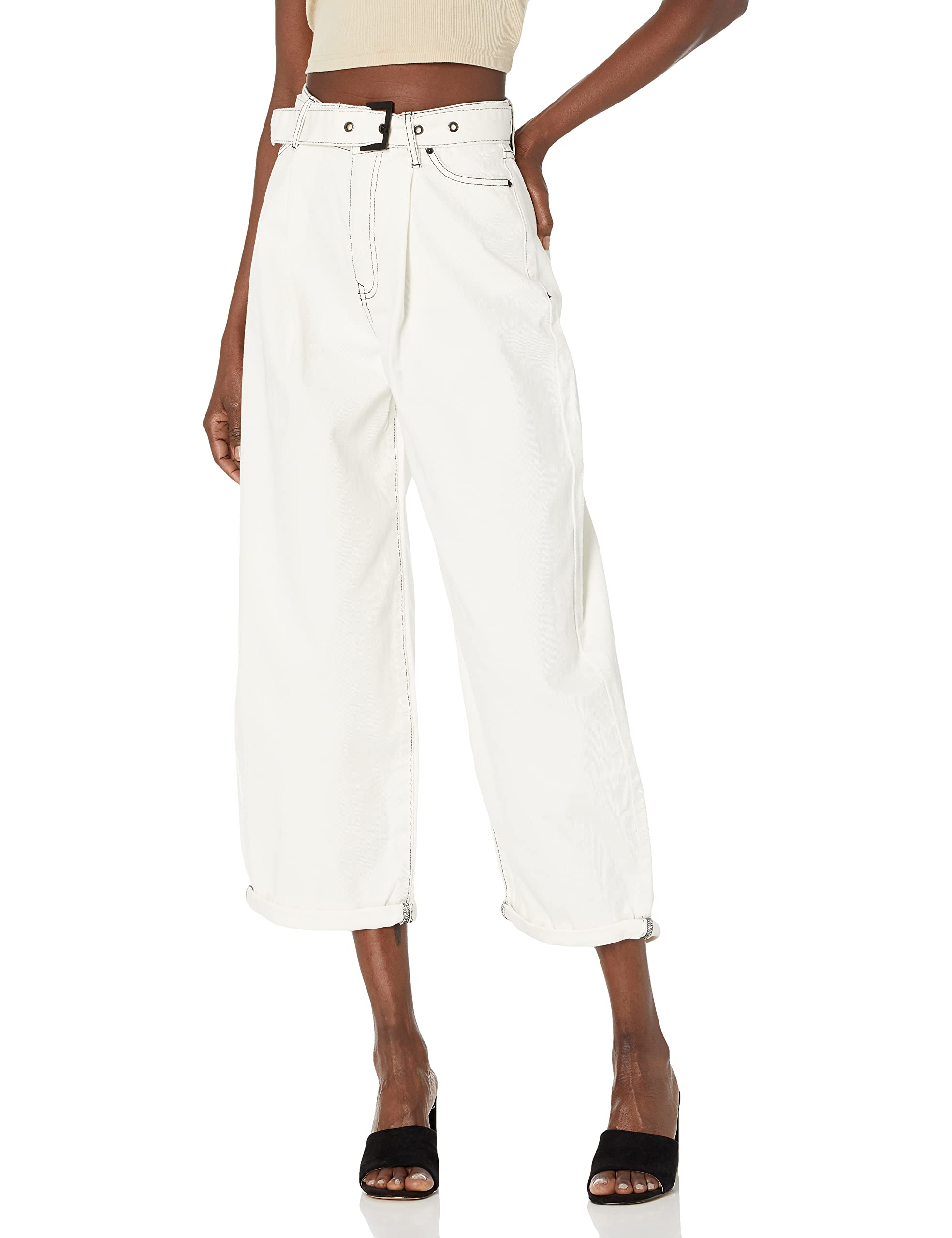 ARMANI EXCHANGE Women's Light Wash Belted Wide Leg Denim Jeans - High Waist Distressed Denim Pants for Casual Wear & Street Style Outfits