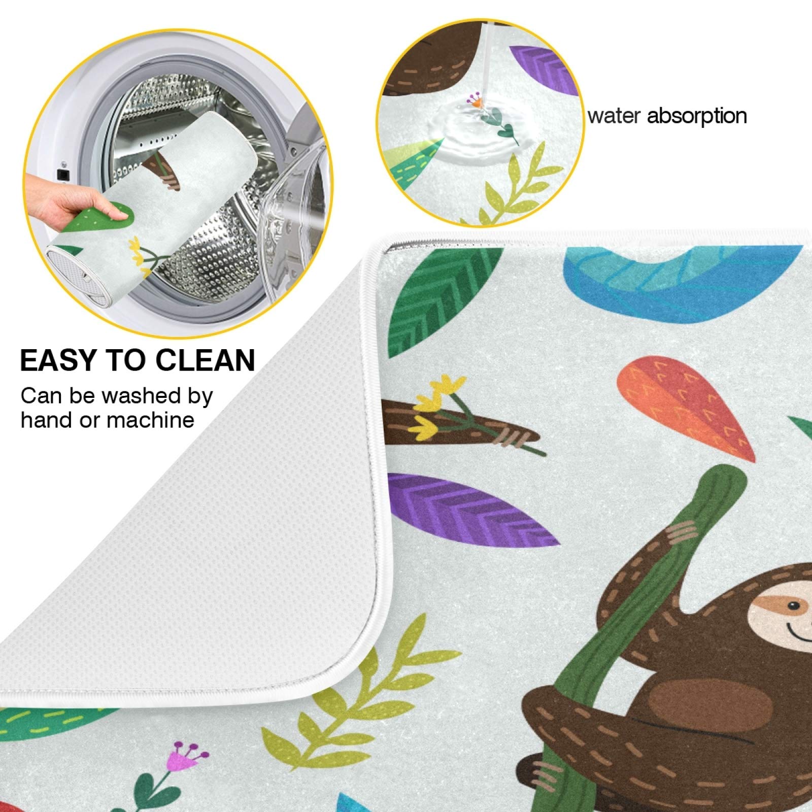 Cute Sloth Dish Drying Mat - Absorbent Kitchen Decor with Flower Leaf Design (16x18 Inch) | Non-Slip Drainer Pad for Dishes, Easy to Clean | Perfect for Kitchen Countertops, Sink Areas & Baby Bottle Drying