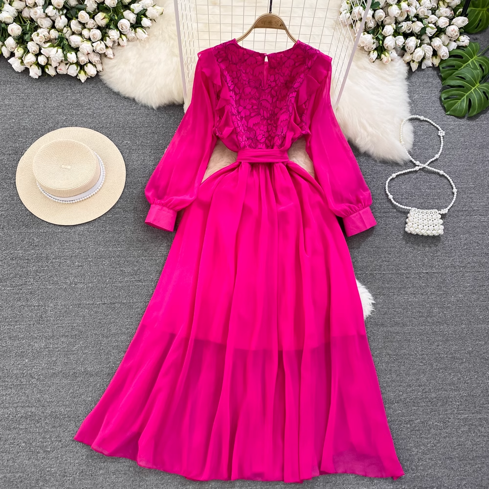 Elegant Long Sleeve Round Neck Lace A-Line Ruffled Maxi Dress for Women - Perfect for Weddings, Parties & Formal Occasions