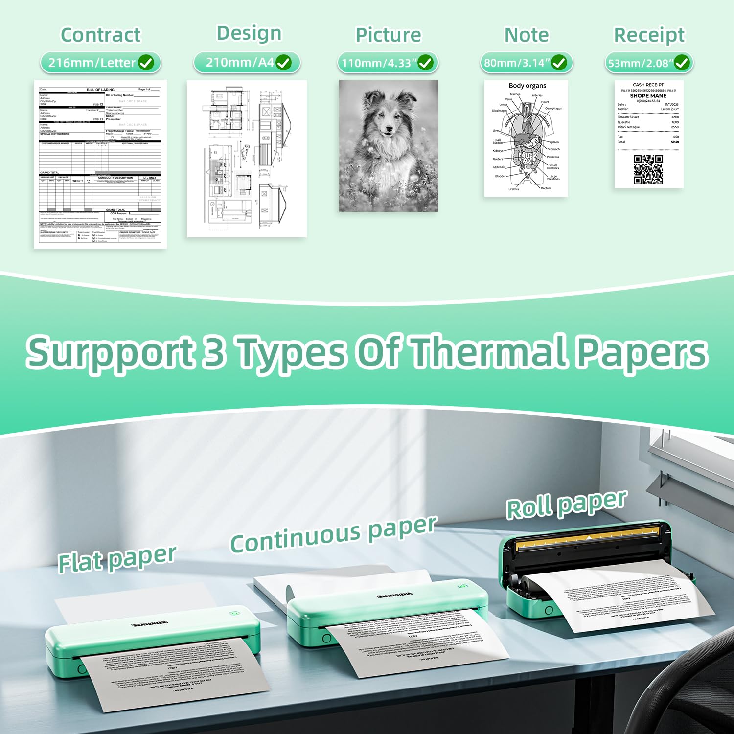 Phomemo M834 Portable A4 Thermal Printer - Wireless Bluetooth Mobile Printer for iPhone, Android & Laptop, 300dpi High Resolution, Inkless Printing for Home, Office, Shipping Labels & Receipts | Perfect for Small Business, Online Sellers & Home Organization