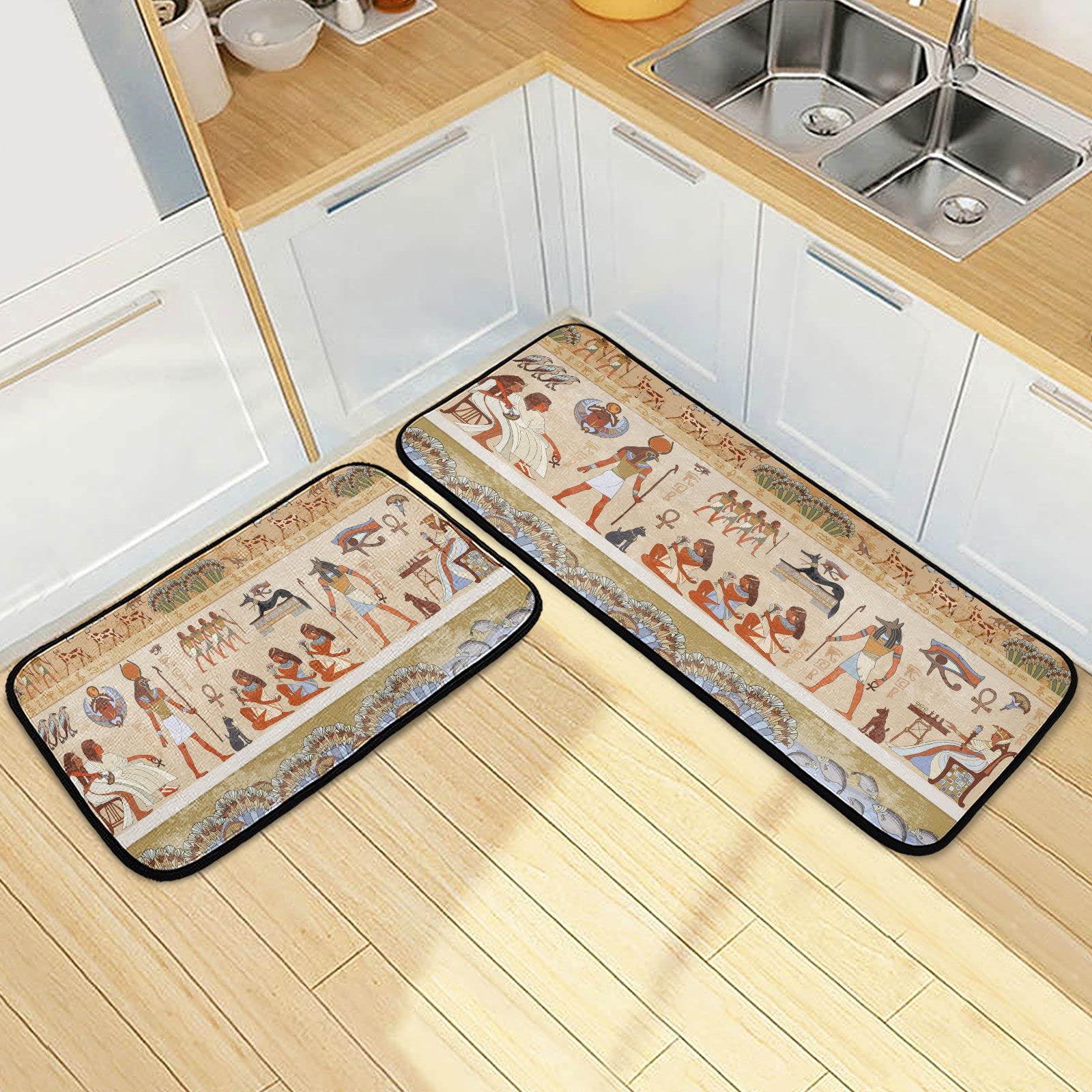 Vintage Egyptian Pharaoh Hieroglyphic Kitchen Rug Set of 2 - Non-Slip Cushioned Floor Mats for Standing Desk, Anti-Fatigue Doormat - Washable & Durable for Home Office, Sink, Laundry Room & Hallway Entrance - Perfect for Egyptian-Themed Decor & High-Traffic Areas