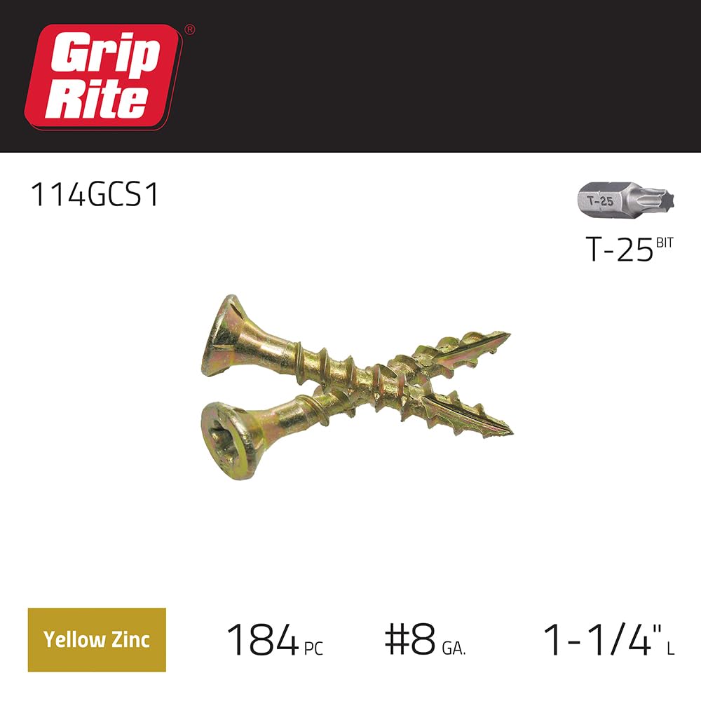 Grip Rite Prime Guard 114GCS1 T25 Star Drive Construction Screws with Type 17 Tip, 8 x 1-1/4 Inch, 1-Pound Box - Ideal for Framing, Decking, and Outdoor Projects