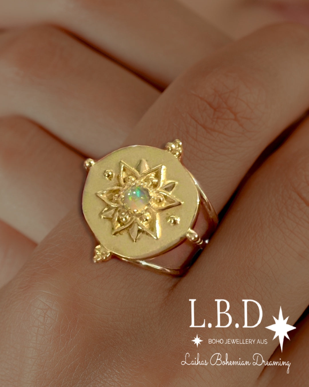 Vera May Gold Boho Ring with Genuine Opal - Intricate Handmade Jewelry for Women - Perfect for Weddings, Parties & Boho Fashion