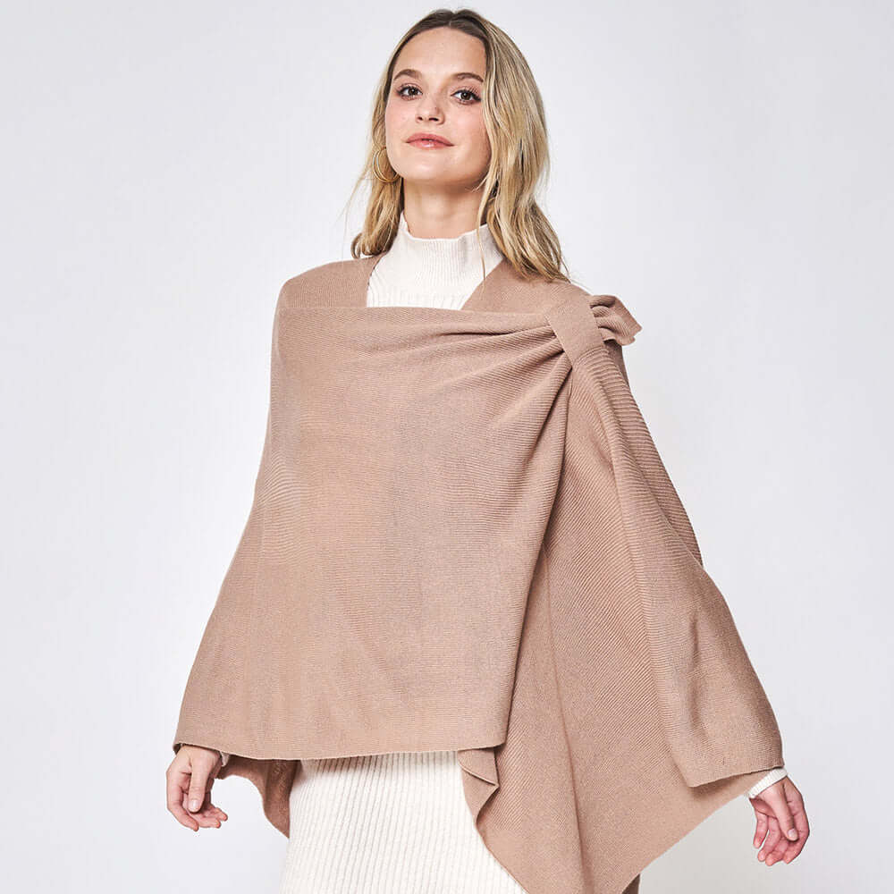 Women's Beige Solid Ruana Poncho with Shoulder Strap - Lightweight Shawl Wrap for Fall Fashion, Outdoor Travel & Casual Wear