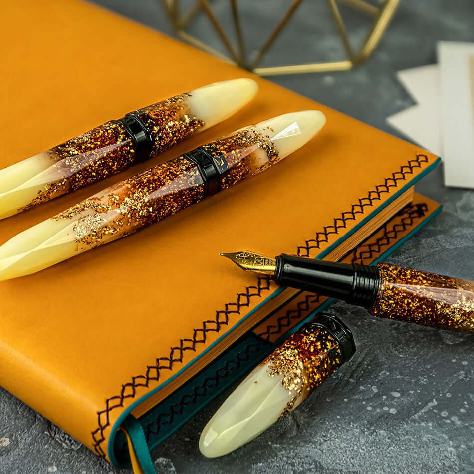 Benu Briolette Fountain Pen - Premium Luminous Amber Ink Pen for Writing & Calligraphy - Perfect for Office, School & Gift Giving