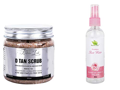 Premium Rose Water (100ml) & D-Tan Scrub with Clove Oil & Kojic Acid (200g) - 2 Piece Skincare Set for Brightening & Exfoliation - Perfect for Daily Face Care & Dark Spot Removal