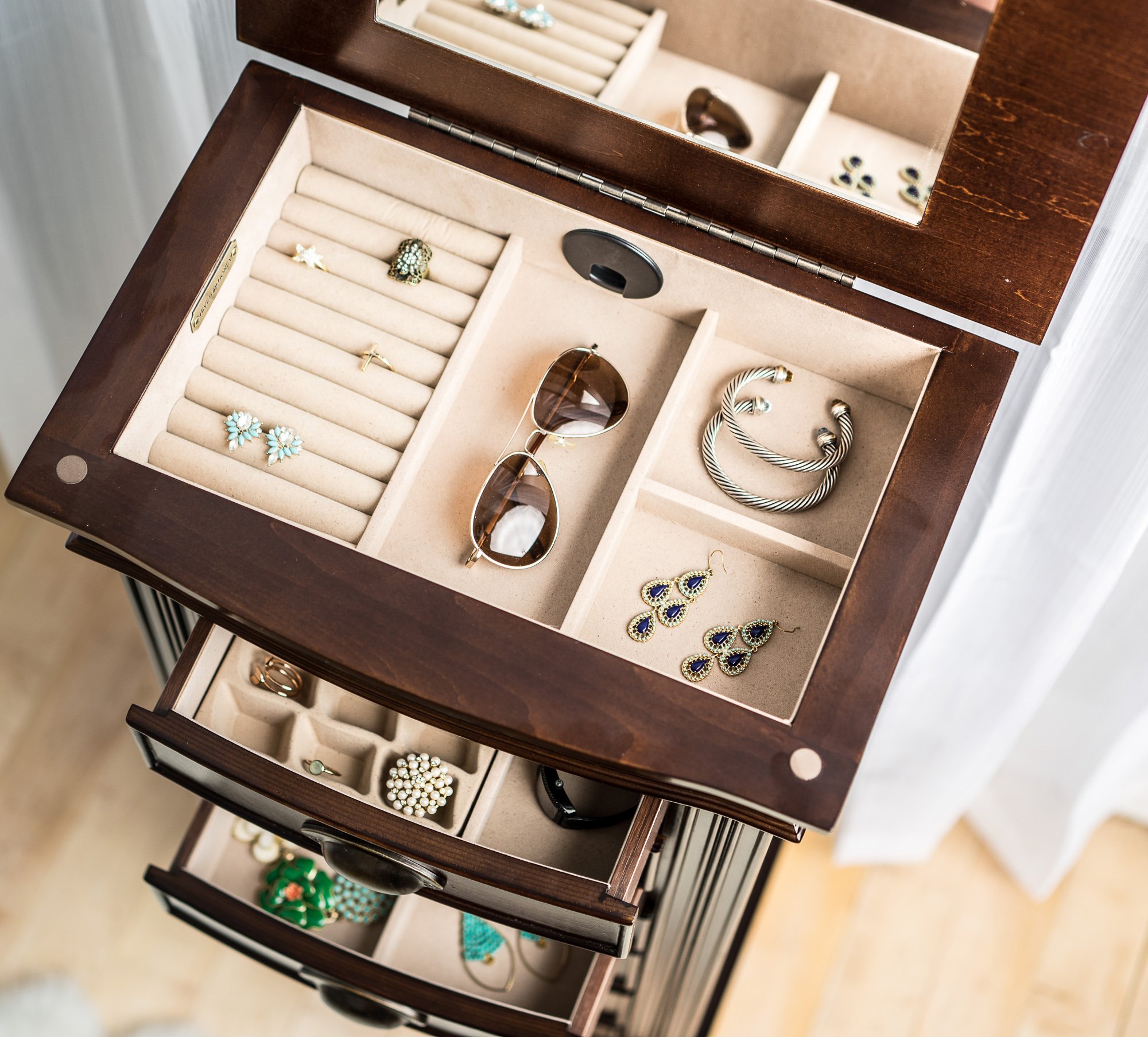 Alexa Walnut Jewelry Armoire with 7 Drawers - Classic Wooden Jewelry Organizer with Multiple Compartments for Necklaces, Rings & Bracelets - Perfect for Bedroom Vanity, Closet Storage & Gift Giving