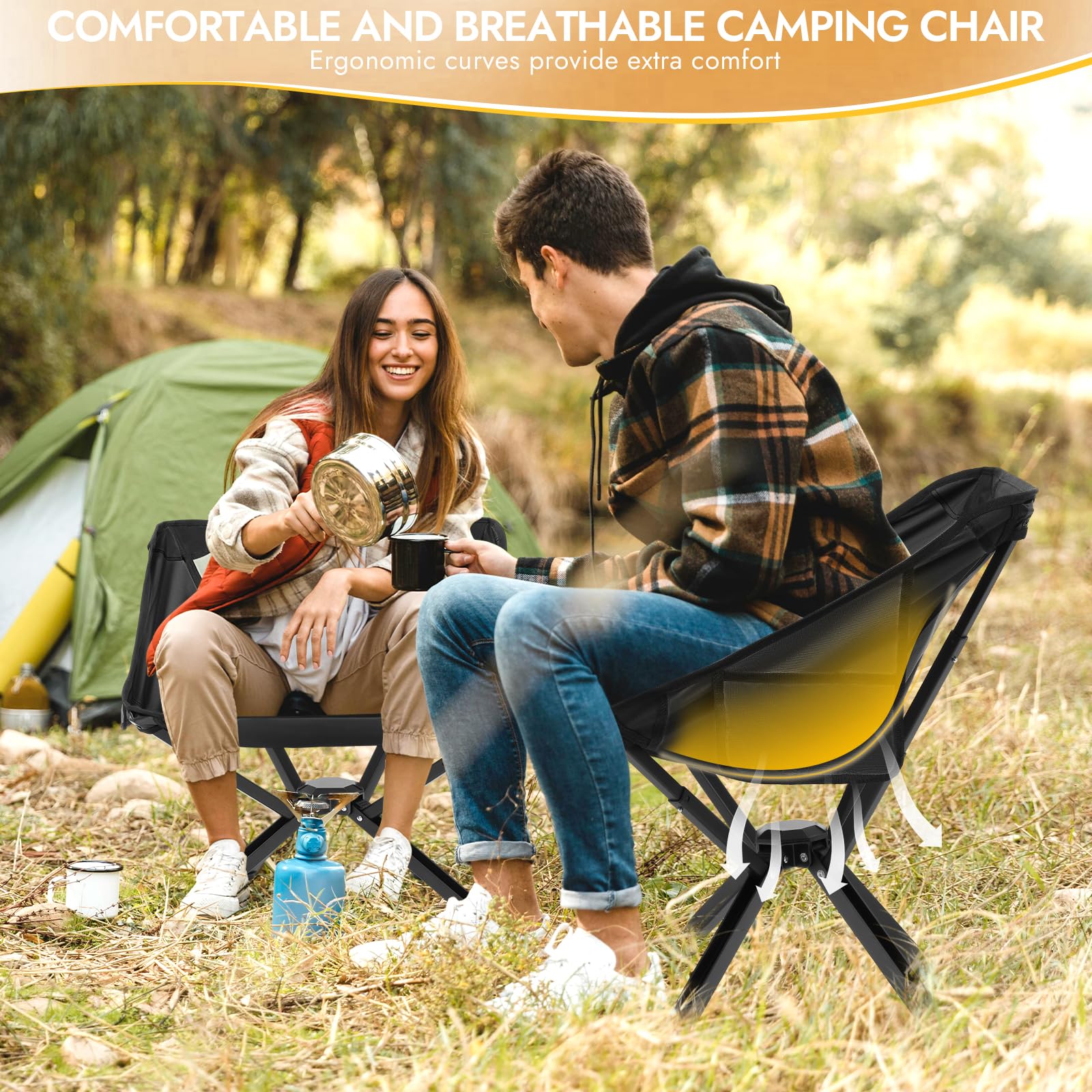 2 Pack Portable Camping Chairs - Heavy Duty 350 LBS Capacity Lightweight Folding Chairs with Carry Bag - Perfect for Outdoor Adventures, Beach, Fishing, Picnics, Concerts & Backpacking (Black)