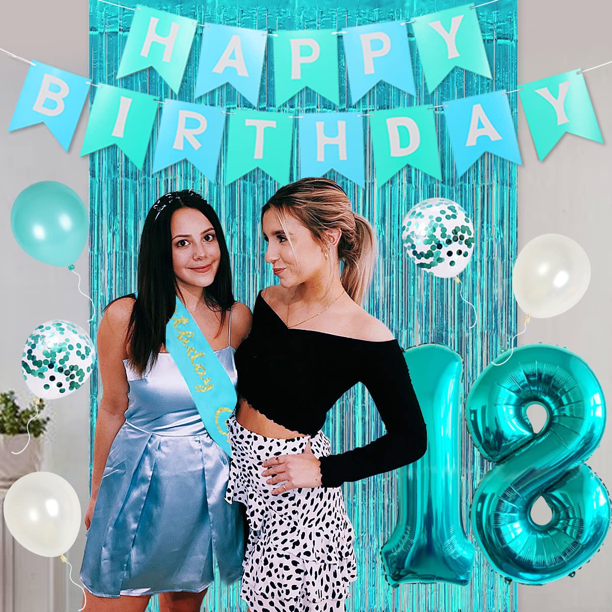 18th Birthday Decorations for Girls - Teal & Turquoise Party Supplies Set with Banner, Cake Topper, Fringe Curtain, Sash & Balloons | Perfect for Eighteenth Birthday Celebrations, Sweet 16 Parties & Adulting Theme Events