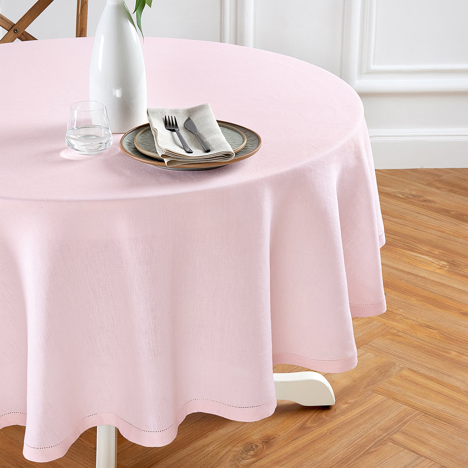 Sonoma Hemstitch Round Tablecloth - 60 Inch White Linen Table Cover for Dining, Parties & Special Events | Elegant & Durable Home Decor