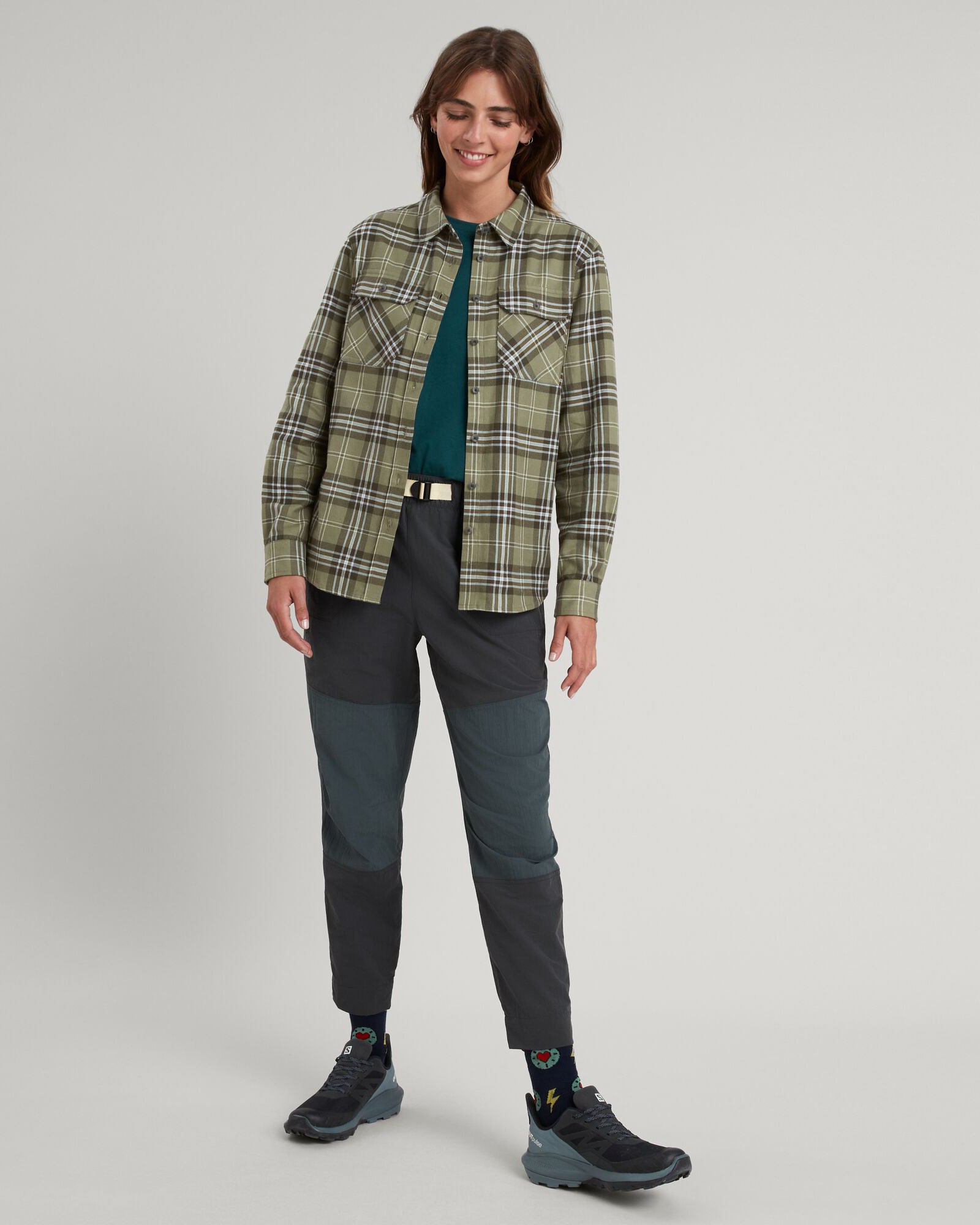 Carrillon Women's Long Sleeve Checkered Shirt - Beech & Dark Moss Plaid Flannel Top for Casual Wear & Outdoor Activities