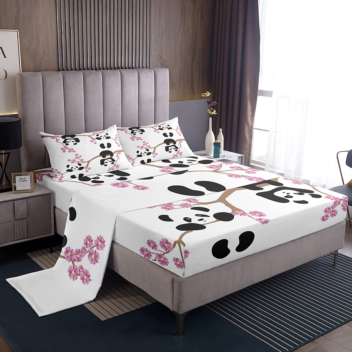 Erosebridal 7-Piece Panda Comforter Set with Fitted Sheet - Cherry Blossom Print Bedding Collection for Kids & Teens - Cozy Bedroom Decor for Nursery, Dorm Room or Gift