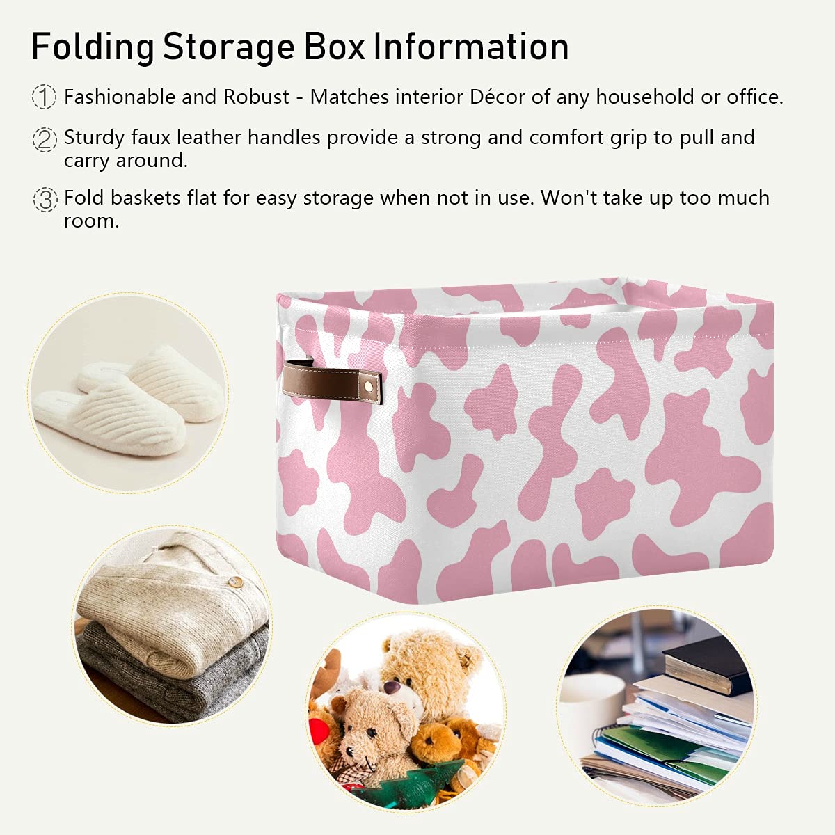 OREZI Collapsible Rectangular Storage Bins with Handles - Pink Cow Print Camouflage Laundry Hamper for Toys, Clothes & Gift Baskets | Foldable Storage Box for Bedroom, Kids Room & Dorm Organization
